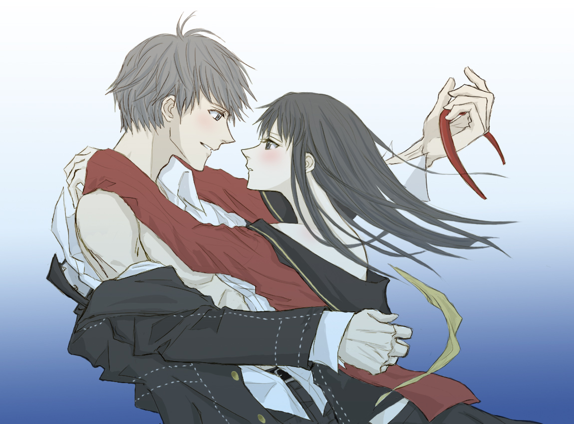 gogono pan'ya, amagi yukiko, narukami yu, atlus, kannazuki no miko, persona, persona 4, miko embrace, parody, school uniform
