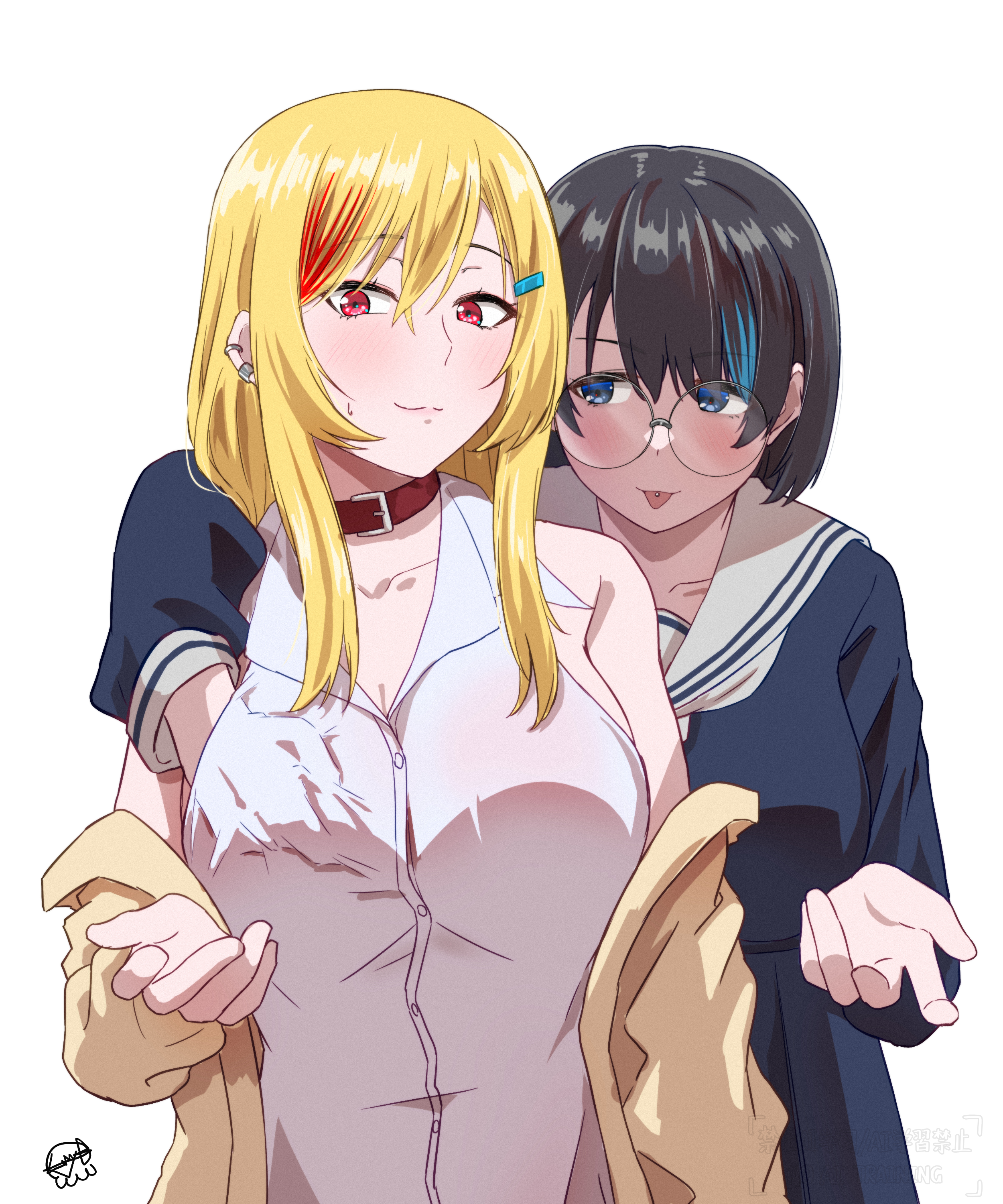 mutsuki (mutsuki0110), original, absurdres, commentary, english commentary, highres, 2girls, black hair, blonde hair, blue eyes, blue hair, blue serafuku, blue shirt, blush, breasts, brown jacket, choker, dress shirt, ear piercing, glasses, groping, hair ornament, hairclip, hand under clothes, jacket, large breasts, multicolored hair, multiple girls, open clothes, open jacket, piercing, red choker, red hair, round eyewear, sailor collar, school uniform, serafuku, shirt, simple background, streaked hair, sweatdrop, tongue piercing, white background, white sailor collar, white shirt, yuri