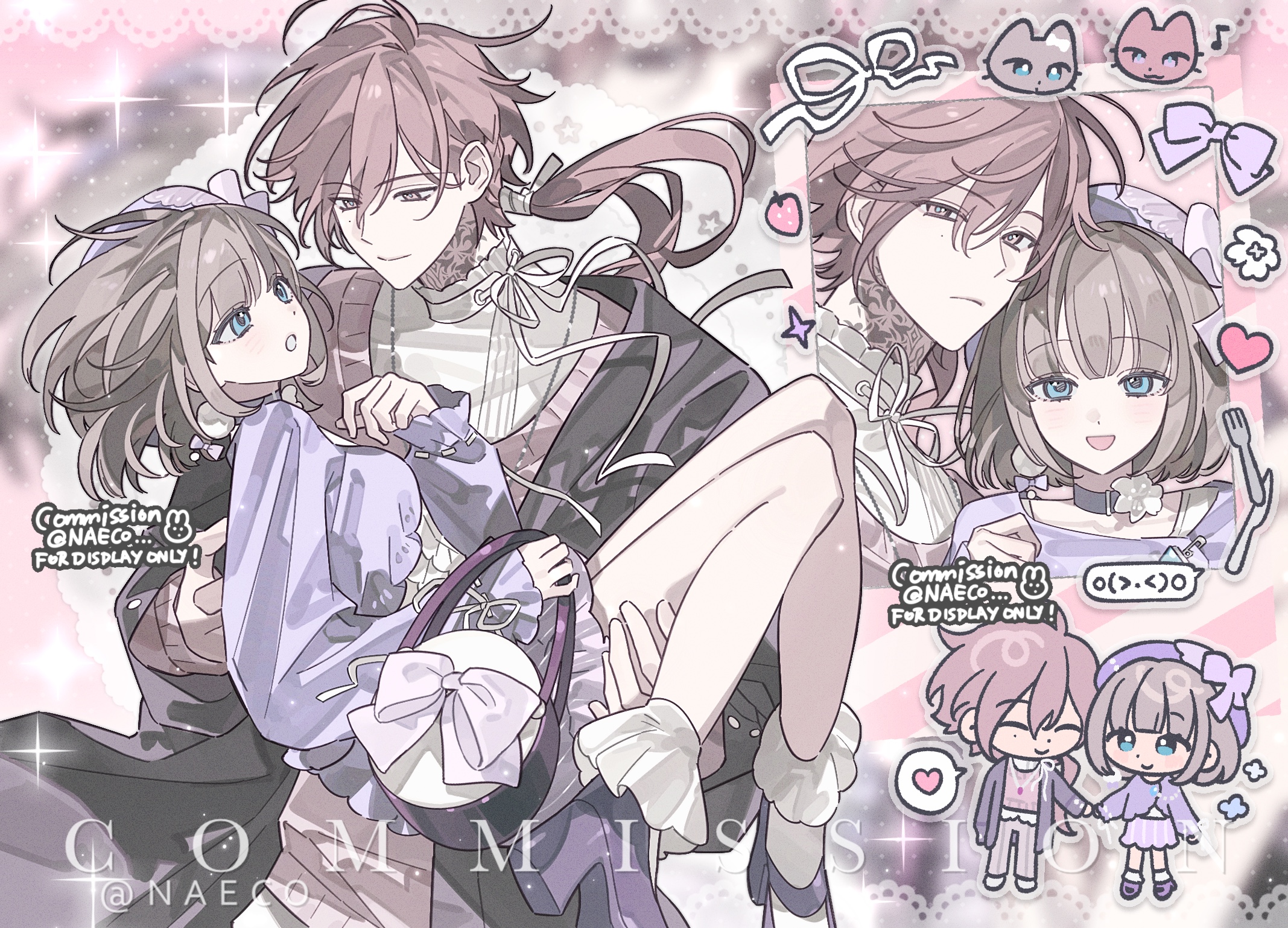evodtonaeco, original, highres, 1boy, 1girl, black jacket, blue eyes, blunt bangs, blush, bow, brown hair, carrying, carrying person, cat, chibi, chibi inset, choker, dress, frills, hair between eyes, hair bow, hair ornament, hairband, heart, hetero, high heels, jacket, long hair, long sleeves, looking at another, low ponytail, open mouth, pink hair, ponytail, princess carry, sample watermark, shirt, short hair, sleeves past wrists, smile, socks, sweater, watermark
