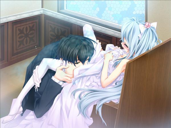 under the moon, artist request, 1boy, 1girl, age difference, black hair, blue hair, blush, closed eyes, cunnilingus, dress, hetero, indoors, loli, open mouth, oral, panties, panties around leg, spread legs, thighhighs, underwear, white thighhighs