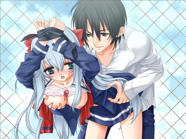game cg, 1boy, 1girl, bdsm, blue hair, bondage, bound, bound wrists, breasts, grabbing another's breast, groping, hetero, large breasts, looking at viewer