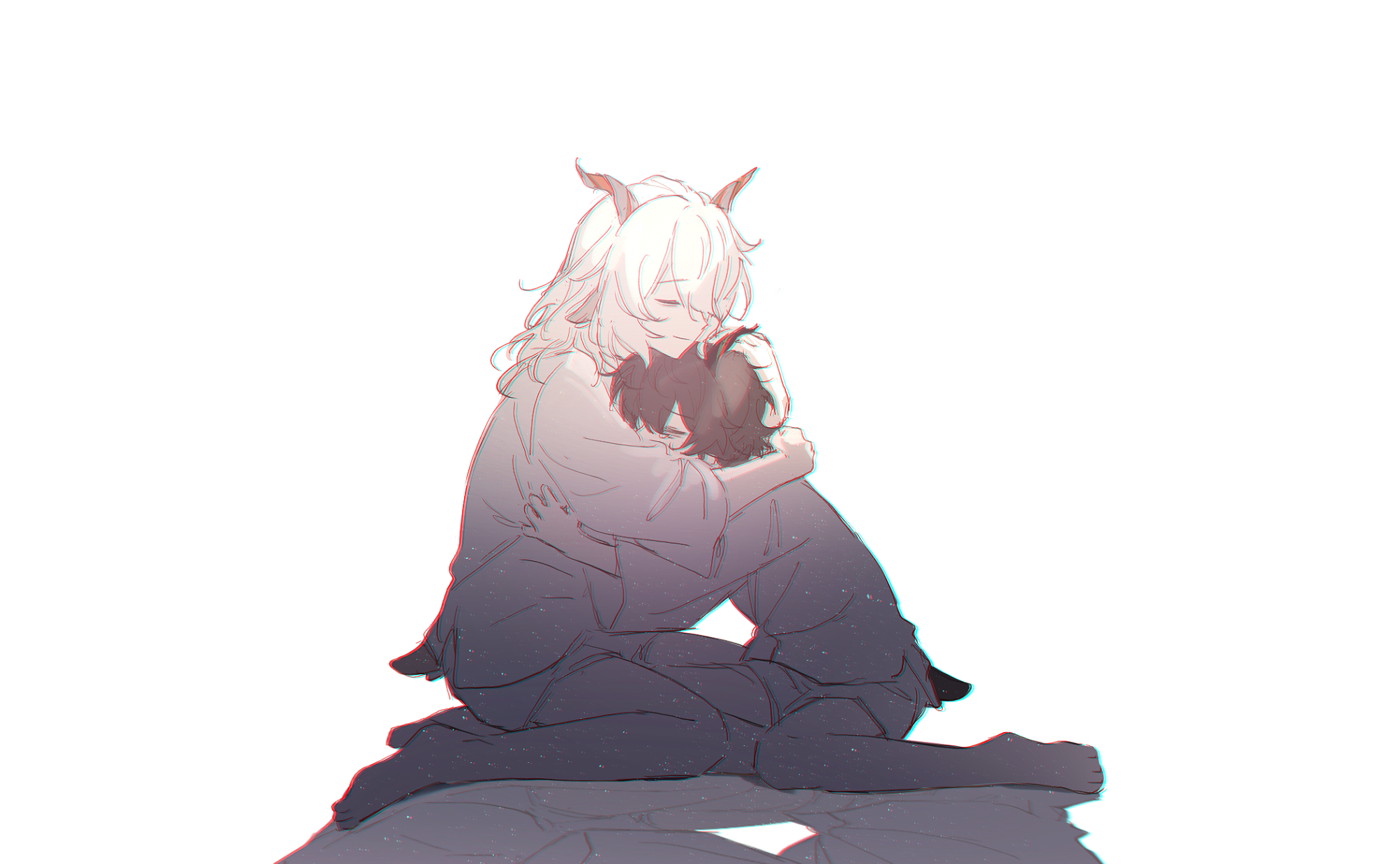 rei (926qz), ebenholz (arknights), kreide (arknights), arknights, commentary, english commentary, highres, 2boys, animal ears, bags under eyes, barefoot, black hair, chromatic aberration, clinging, closed eyes, goat boy, goat ears, goat horns, horns, hug, male focus, multiple boys, shirt, shorts, simple background, white background, white hair, white shirt, white shorts