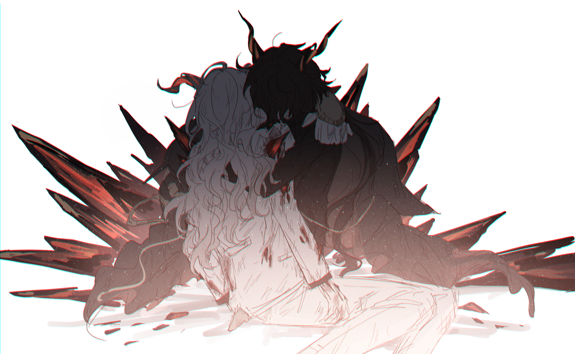 rei (926qz), ebenholz (arknights), kreide (arknights), arknights, commentary, english commentary, highres, 2boys, animal ears, black jacket, blood, blood on clothes, epaulettes, feet out of frame, goat boy, goat horns, goat tail, grey hair, head on another's shoulder, horns, hug, jacket, long hair, male focus, material growth, multiple boys, oripathy lesion (arknights), simple background, tail, torn clothes, white background, white jacket