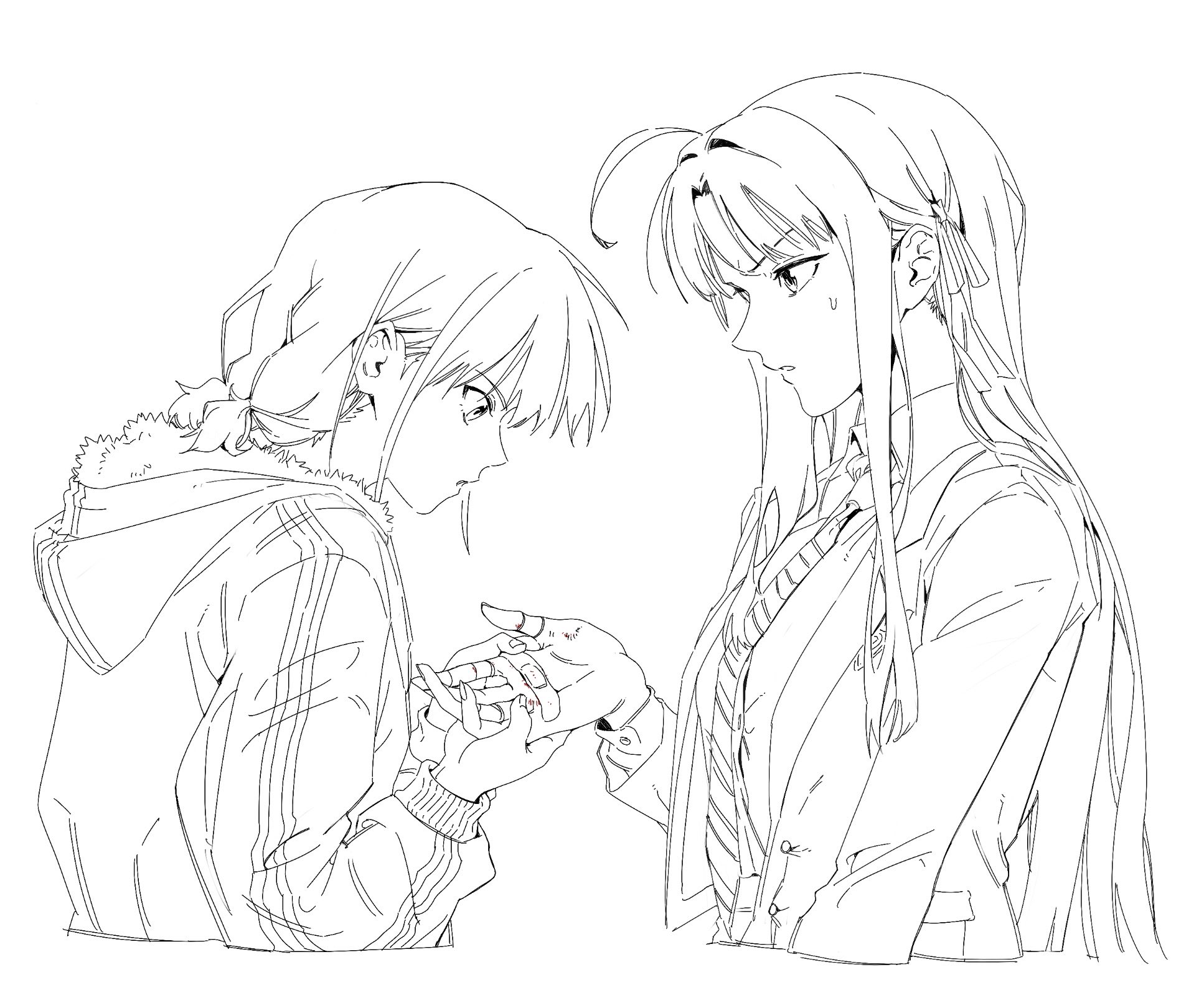 awa subaru, iseri nina, girls band cry, commentary, highres, 2girls, ahoge, bandaid, bandaid on finger, bandaid on hand, diagonal-striped clothes, diagonal-striped necktie, greyscale, hair ribbon, holding hands, hood, hood down, hooded jacket, jacket, long hair, long sleeves, low twintails, maldaliza0818, monochrome, multiple girls, necktie, open mouth, ribbon, sidelocks, simple background, striped clothes, sweatdrop, twintails, upper body, white background