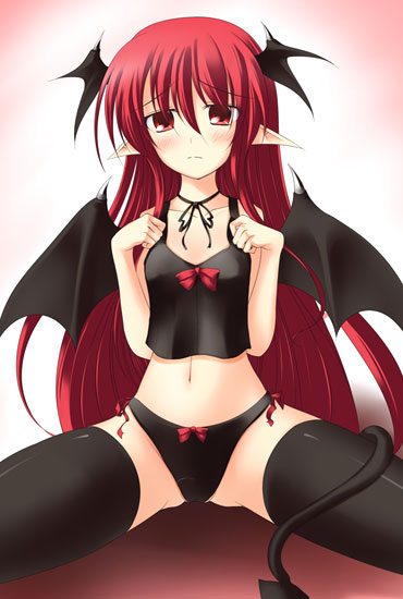 gisyo, koakuma, embodiment of scarlet devil, touhou, 1girl, black thighhighs, bra, demon tail, female focus, gradient background, head wings, lingerie, panties, pointy ears, red hair, solo, tail, thighhighs, underwear, underwear only, wings
