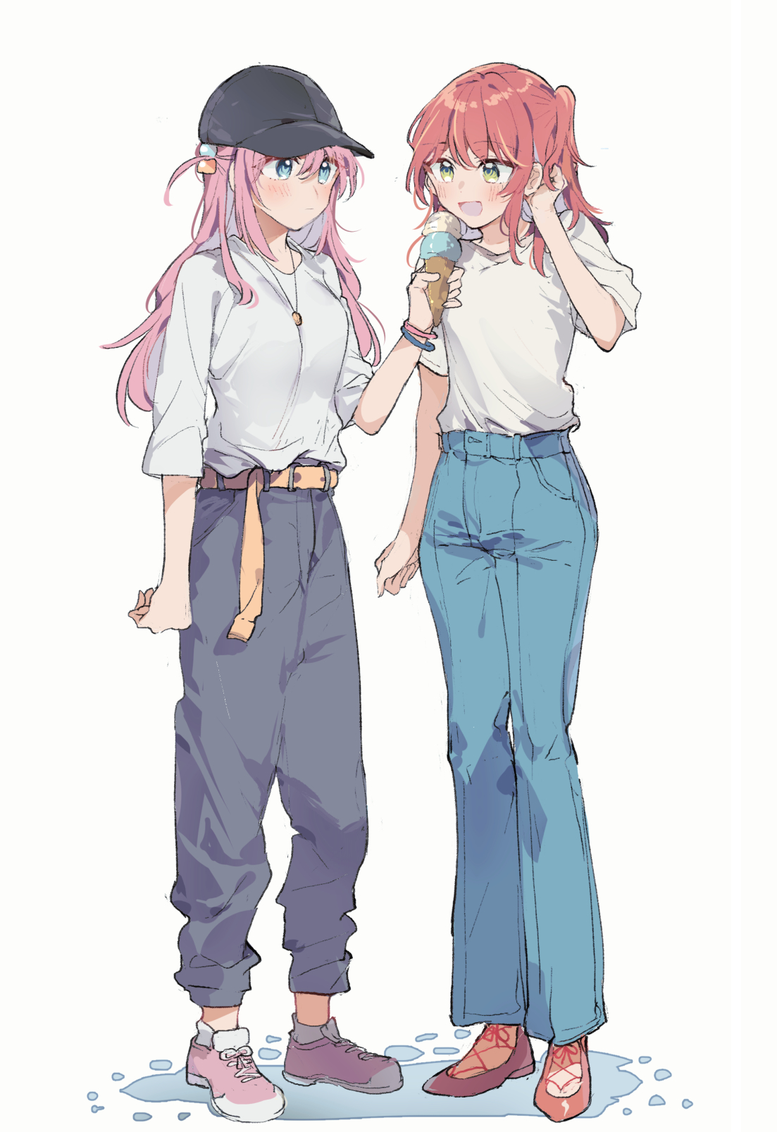 mikan-uji, gotoh hitori, kita ikuyo, bocchi the rock!, highres, 2girls, black hat, black pants, blue eyes, blue pants, hair ornament, hat, ice cream cone, jewelry, multiple girls, necklace, pants, pink hair, red hair, shirt, white shirt, yellow eyes