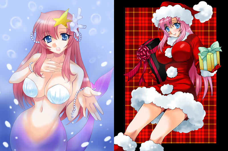 tooru jin, meer campbell, gundam, gundam seed, gundam seed destiny, framed, 00s, 1girl, alternate costume, bikini, blue eyes, bracelet, breasts, coral, curvy, dual persona, food, fruit, fur trim, gift, gloves, hair ornament, hat, holding, holding gift, impossible clothes, jewelry, large breasts, long hair, mermaid, monster girl, narrow waist, navel, open mouth, outside border, outstretched arm, pink hair, plaid background, santa costume, santa hat, seashell, shell, shell bikini, smile, star (symbol), star hair ornament, underwater, unmoving pattern, wide hips