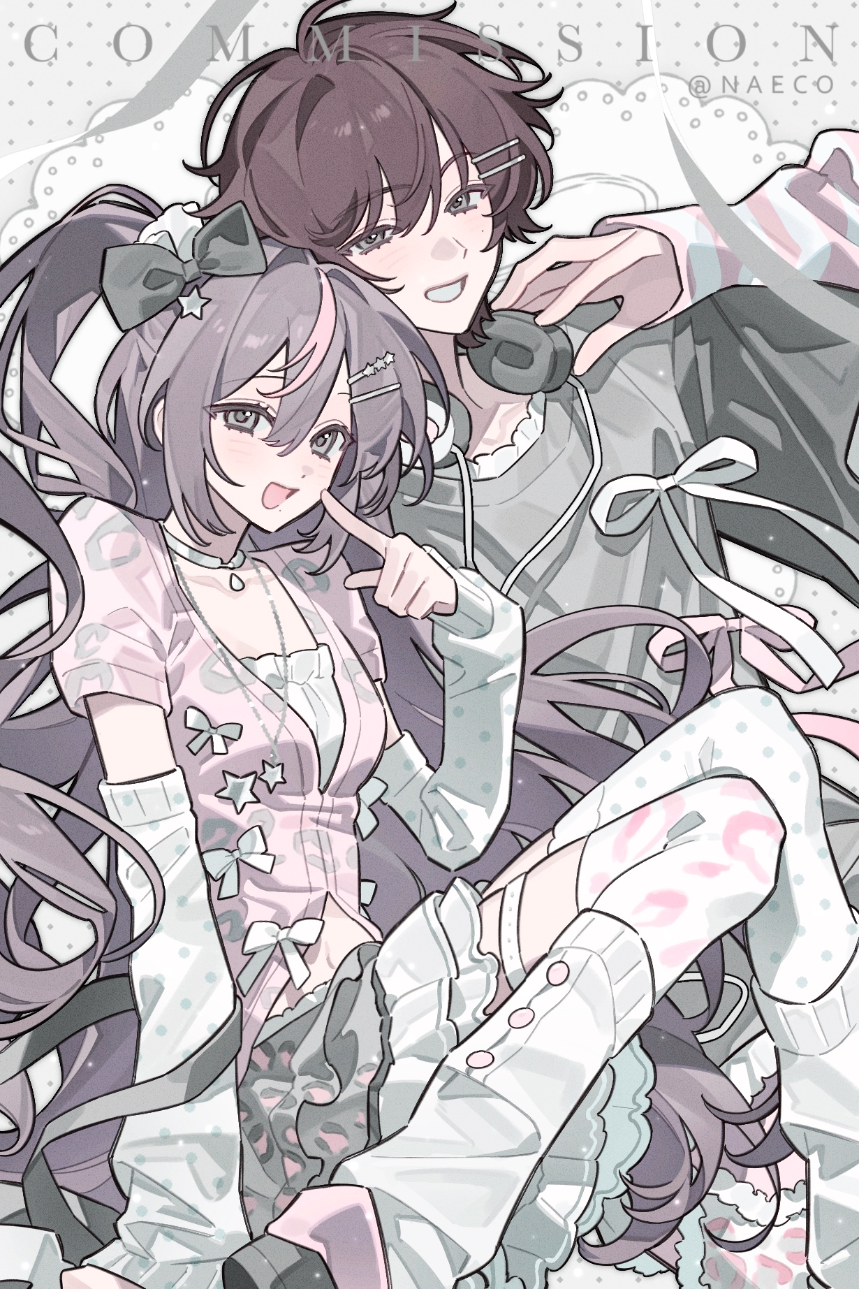 evodtonaeco, original, highres, 1boy, 1girl, arm warmers, black bow, bow, brown hair, choker, detached sleeves, frills, grey hair, hair between eyes, hair bow, hair ornament, hairclip, headphones, headphones around neck, leg warmers, long hair, long sleeves, looking at viewer, multicolored hair, open mouth, pink hair, sample watermark, shirt, short hair, short sleeves, sitting, skirt, sleeves past wrists, smile, socks, streaked hair, thighhighs, very long hair, watermark, white bow