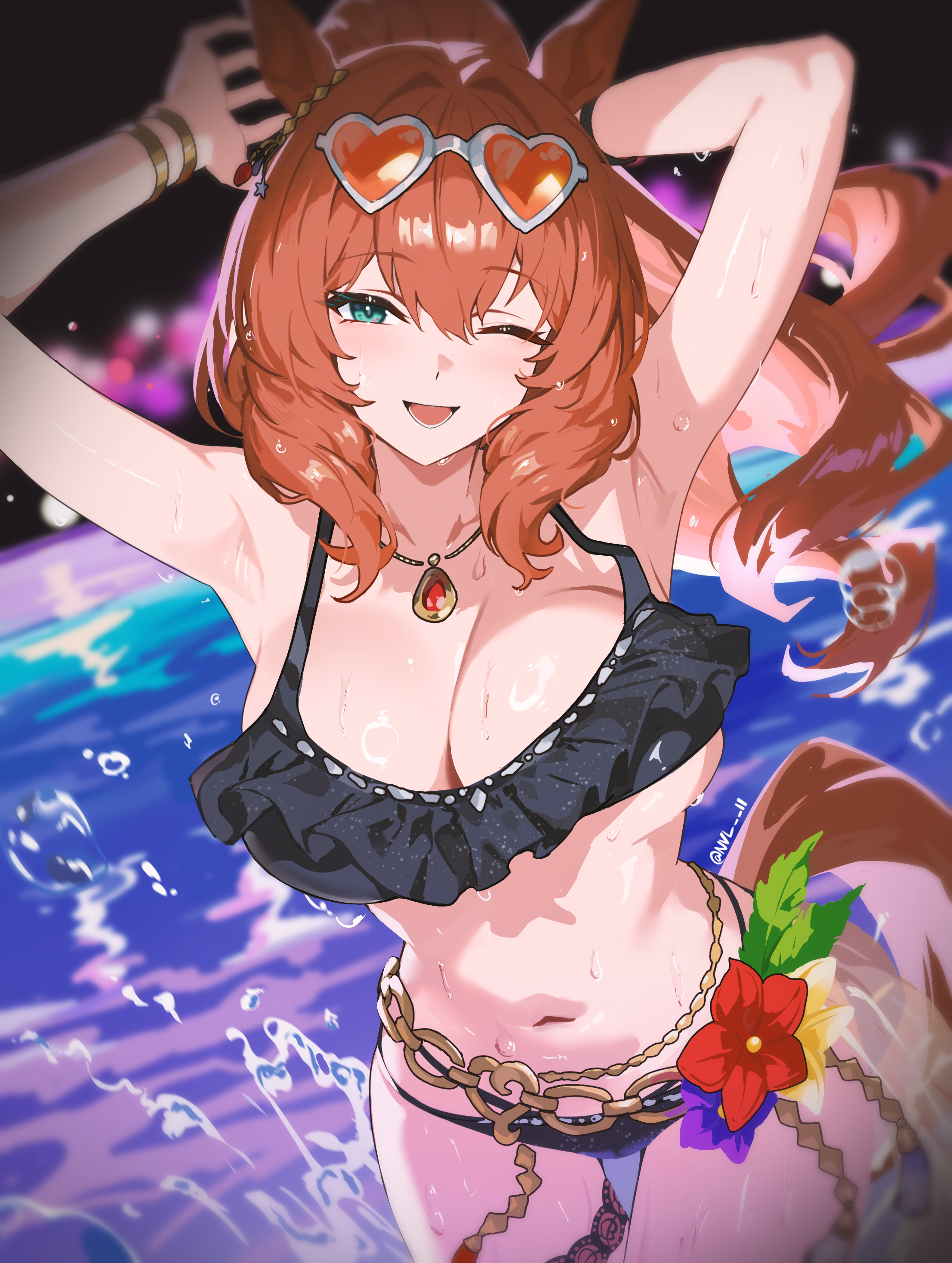 nvl, maruzensky (hot summer night) (umamusume), maruzensky (umamusume), umamusume, absurdres, commentary, highres, 1girl, animal ears, aqua eyes, armpits, arms up, bikini, black bikini, blurry, blurry background, bracelet, breasts, brown hair, cleavage, collarbone, eyewear on head, hair between eyes, halterneck, heart, heart-shaped eyewear, horse ears, horse girl, horse tail, jewelry, large breasts, long hair, looking at viewer, navel, necklace, night, official alternate costume, official alternate hairstyle, one eye closed, open mouth, ponytail, pool, smile, solo, stomach, string bikini, sunglasses, swimsuit, tail, thigh gap, thighs, twitter username, wading, wet
