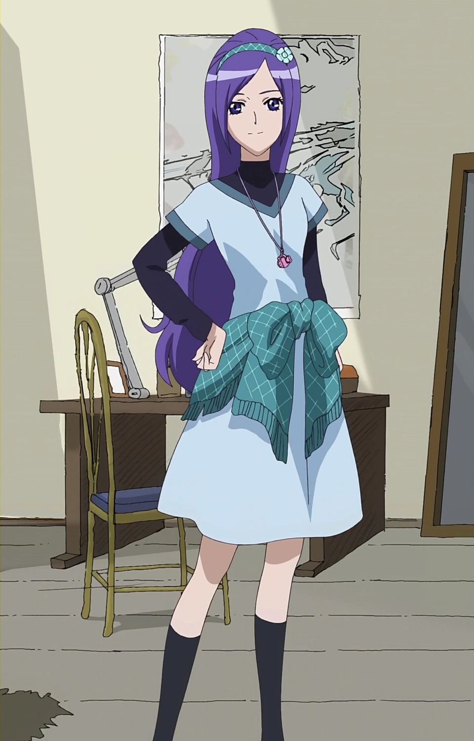aono miki, fresh precure!, precure, anime screenshot, highres, stitched, third-party edit, 00s, dress, fashion, hairband, hand on own hip, hip focus, kneehighs, layered sleeves, long sleeves, purple eyes, purple hair, short over long sleeves, short sleeves, socks, solo, turtleneck