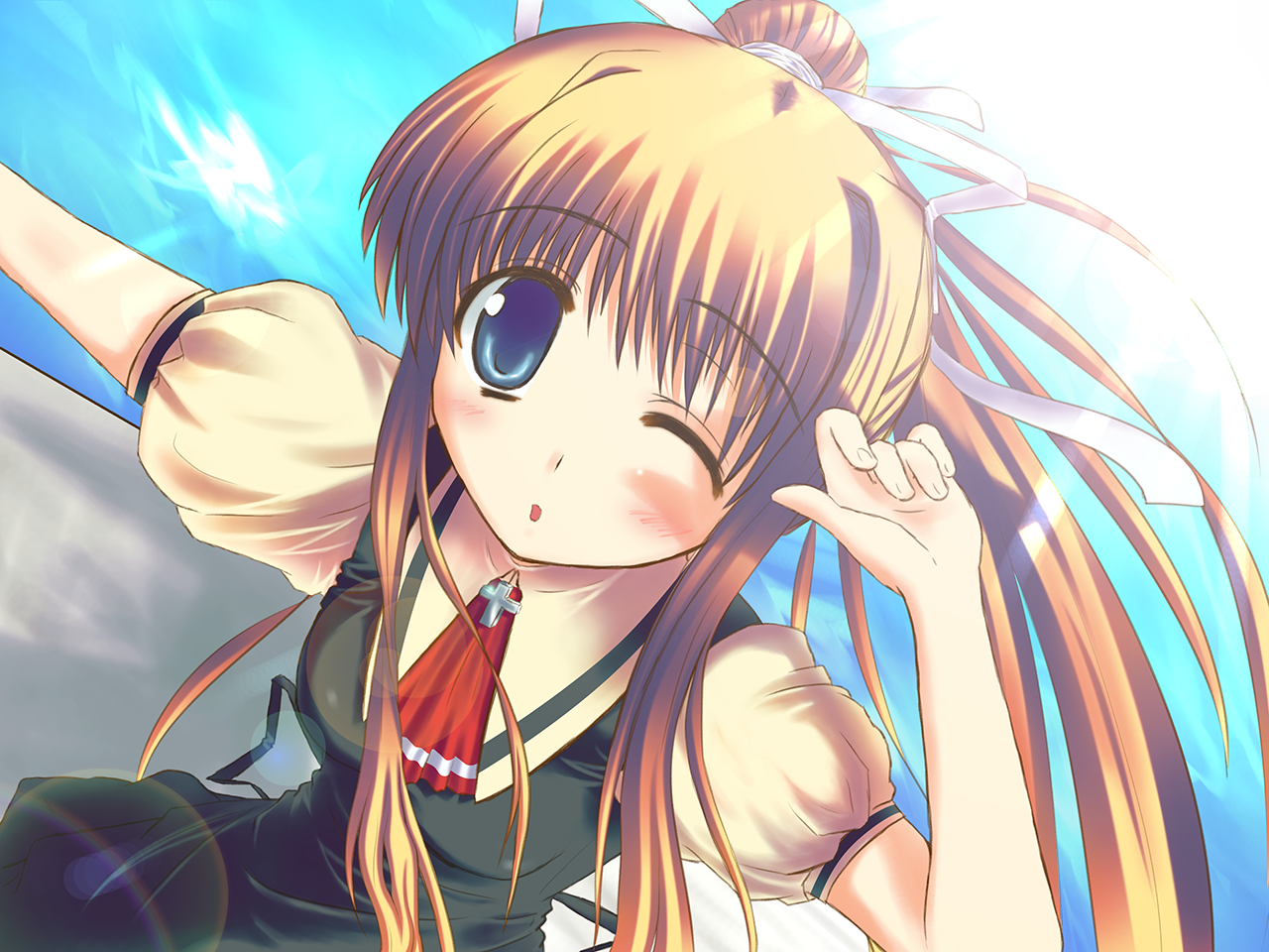 kaisou, kamio misuzu, air (visual novel), bad id, bad pixiv id, 00s, blonde hair, blue eyes, hair ribbon, long hair, one eye closed, ponytail, ribbon, school uniform, solo, wink