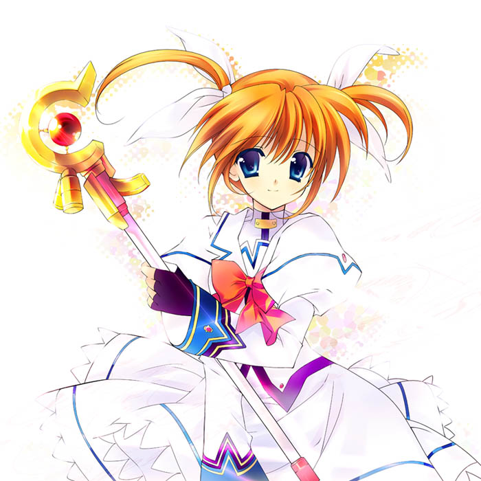 rei (artist), rei (rei's room), raising heart, raising heart (accel mode), takamachi nanoha, takamachi nanoha (sacred mode), lyrical nanoha, mahou shoujo lyrical nanoha, mahou shoujo lyrical nanoha a's, 00s, 1girl, blue eyes, brown hair, female focus, purple eyes, ribbon, solo, twintails