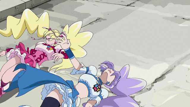 aono miki, cure berry, cure peach, momozono love, fresh precure!, precure, animated, animated gif, third-party edit, 00s, panties, pantyshot, rolling, underwear