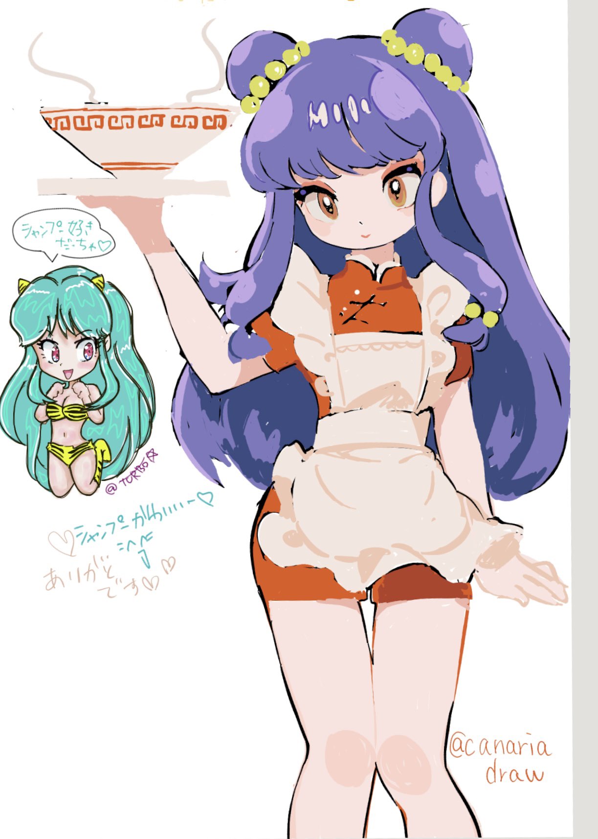 lum, shampoo (ranma 1/2), ranma 1/2, urusei yatsura, female, 2girls, double bun, green hair, hair bun, long hair, multiple girls, purple hair, sideburns