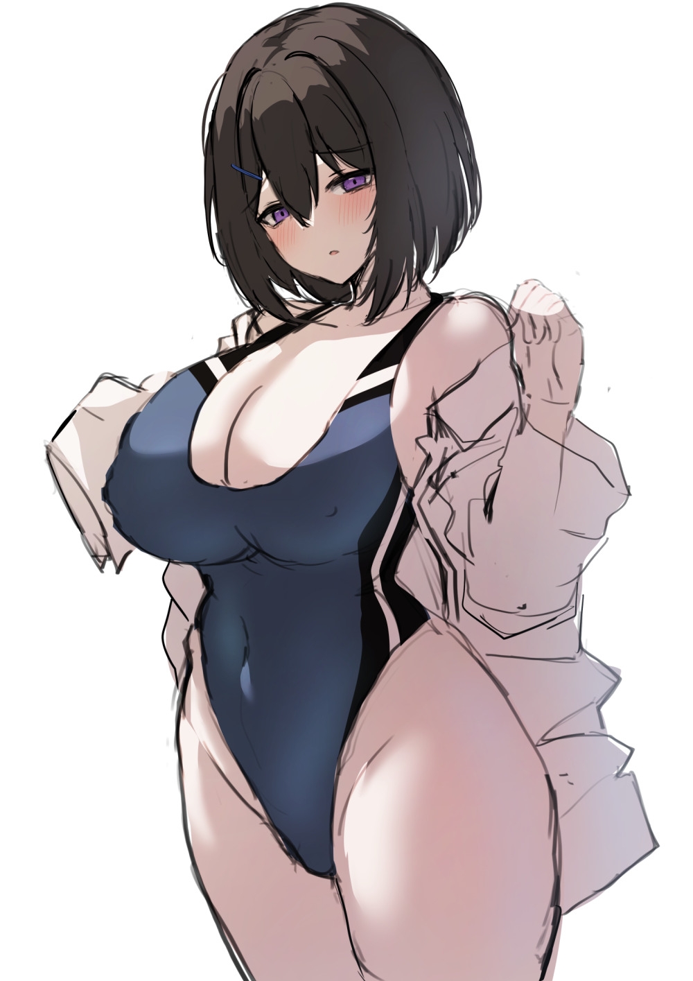 liya, original, highres, unfinished, 1girl, black hair, blush, breasts, cleavage, collarbone, competition swimsuit, covered navel, large breasts, long sleeves, looking at viewer, one-piece swimsuit, parted lips, purple eyes, shirt, short hair, simple background, sketch, solo, standing, swimsuit, white background, white shirt