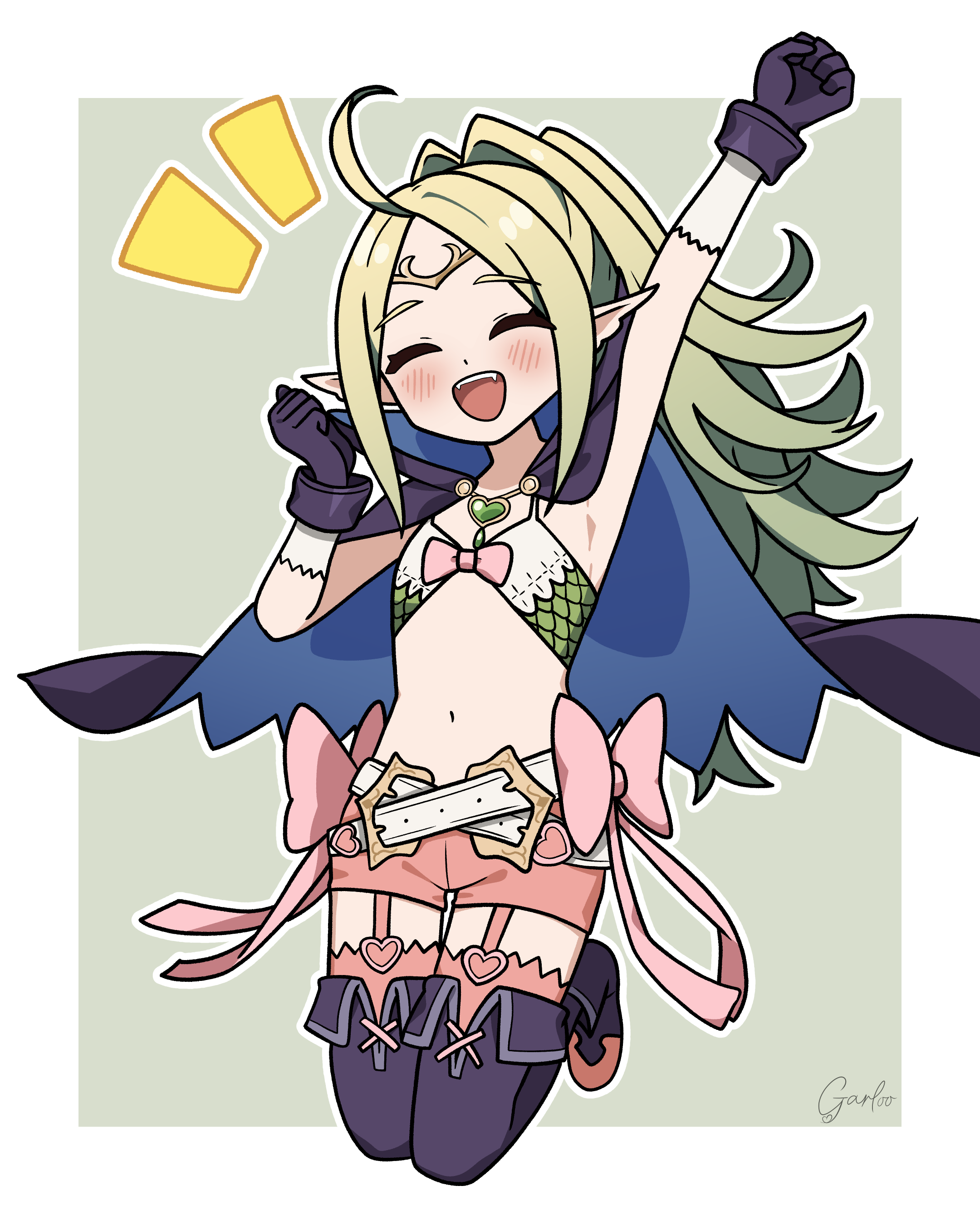 garloo, nowi (fire emblem), fire emblem, fire emblem awakening, nintendo, absurdres, commentary request, highres, partial commentary, 1girl, ahoge, arm up, armpits, bandeau, belt, black boots, black cape, black gloves, blush, boots, bow, cape, circlet, clenched hands, closed eyes, fang, flat chest, full body, garter straps, gloves, green bandeau, green hair, heart pendant, inktober, jumping, long hair, midriff, navel, notice lines, open mouth, parted bangs, pink bow, pink shorts, pink thighhighs, pointy ears, ponytail, short shorts, shorts, sidelocks, signature, smile, solo, teeth, thigh boots, thighhighs, upper teeth only, white arm warmers, white belt