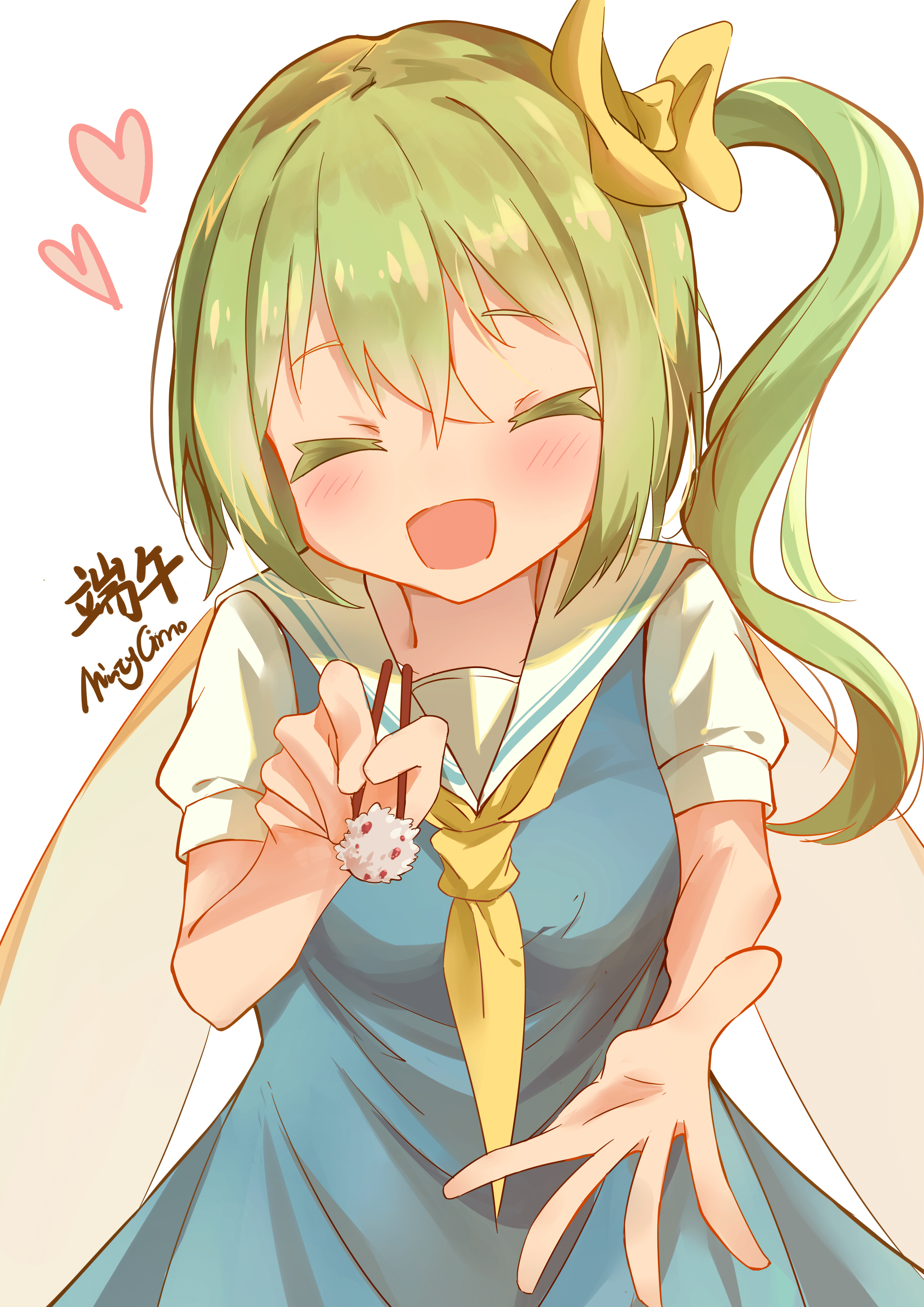 user agfd3872, zongzi, daiyousei, touhou, absurdres, chinese commentary, commentary, highres, 1girl, ^ ^, aqua dress, blush, bow, chopsticks, closed eyes, dress, facing viewer, fairy, fairy wings, food, green hair, hair bow, heart, holding, holding chopsticks, incoming food, looking at viewer, neckerchief, one side up, pinafore dress, shirt, short sleeves, simple background, sleeveless, sleeveless dress, smile, solo, white background, white shirt, wings, yellow bow, yellow neckerchief