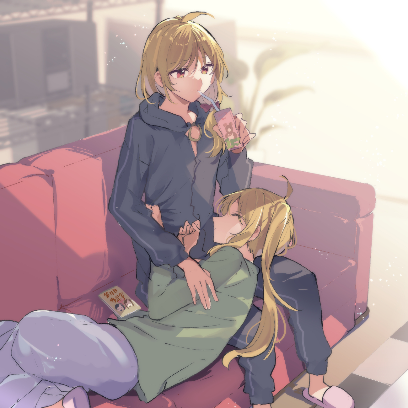 mikan-uji, ijichi nijika, ijichi seika, bocchi the rock!, highres, 2girls, blonde hair, juice box, lap pillow, multiple girls, red eyes, siblings, side ponytail, sleeping
