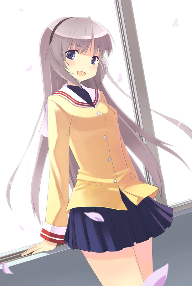 nishikawa ari, sakagami tomoyo, clannad, silver hair, 00s, hairband, long hair, school uniform, solo