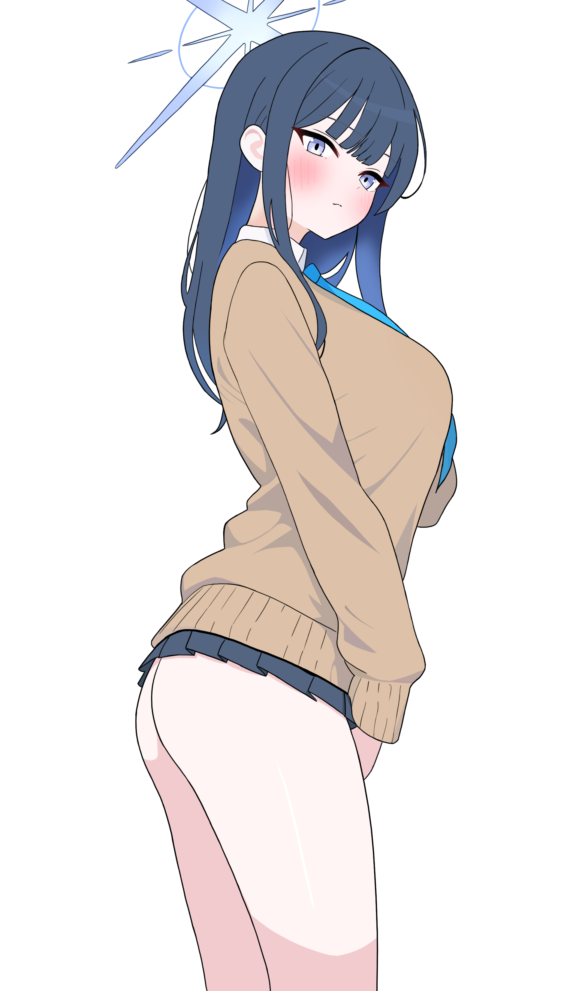 saori (blue archive), blue archive, absurdres, commentary, english commentary, highres, 1girl, :/, alternate costume, ass, black hair, black skirt, blue hair, blue necktie, blush, breasts, brown cardigan, cardigan, halo, large breasts, long hair, long sleeves, looking at viewer, microskirt, necktie, no panties, pleated skirt, school uniform, simple background, skirt, solo, straight hair, thejx 063, white background