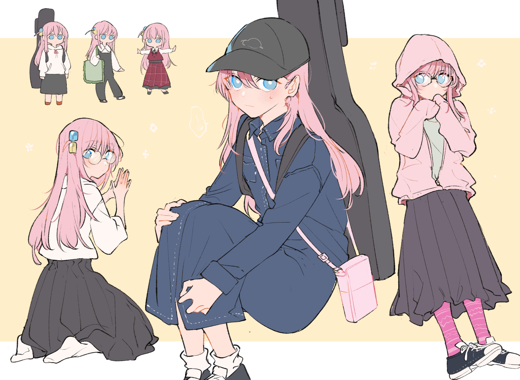 mikan-uji, gotoh hitori, bocchi the rock!, highres, 1girl, black hat, black skirt, blue dress, blue eyes, blush, dress, glasses, guitar case, hair ornament, hat, hood, hoodie, instrument case, pink hair, pink hoodie, red dress, shirt, skirt, white shirt