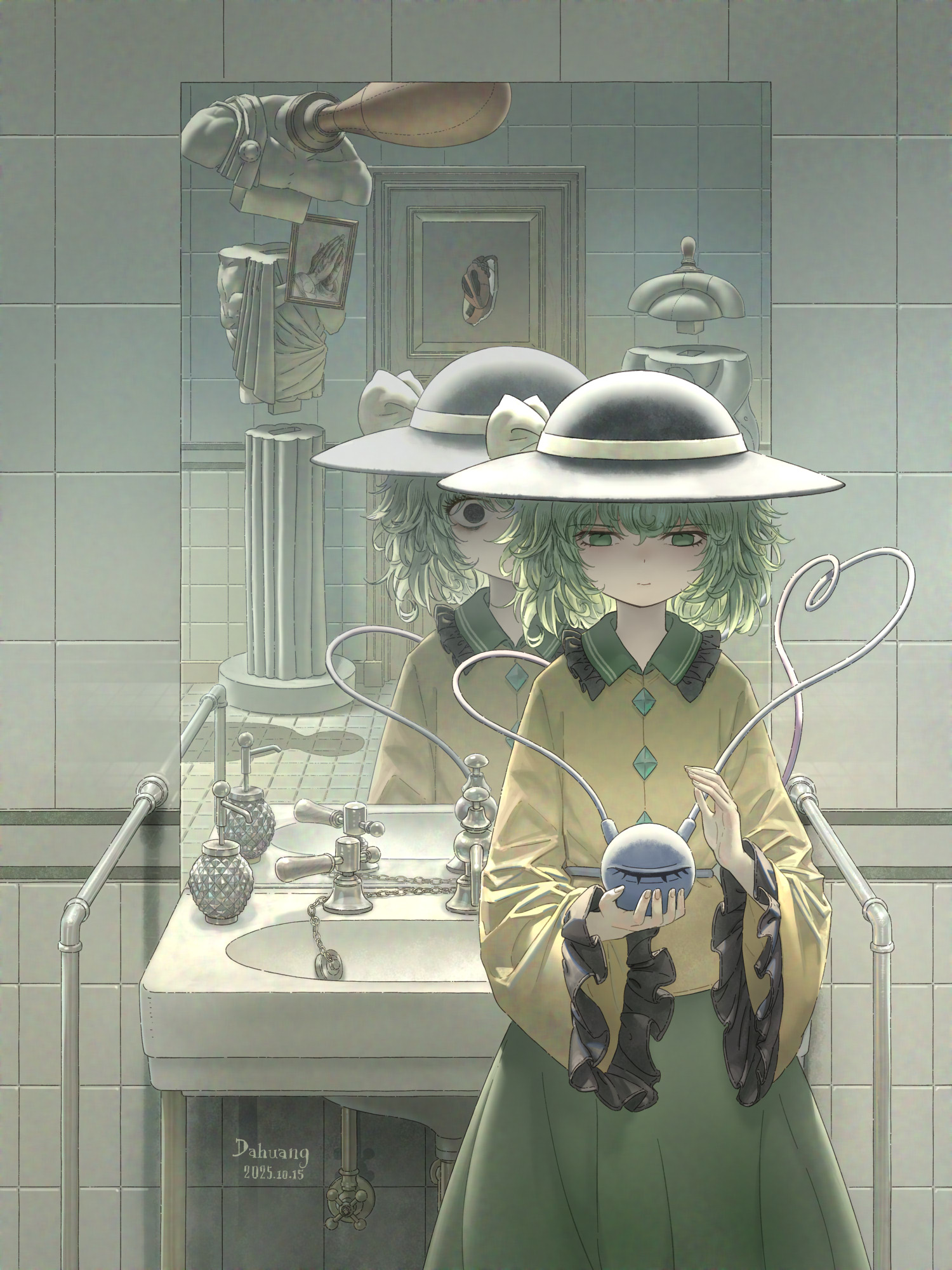 dahuang, komeiji koishi, touhou, chinese commentary, commentary request, highres, 1girl, bathroom, black hat, broken door, buttons, closed mouth, collared shirt, diamond button, different reflection, door, empty eyes, eyeball, faucet, frilled shirt collar, frilled sleeves, frills, green eyes, green hair, green skirt, hat, heart, heart of string, long sleeves, looking at viewer, mirror, monster, painting (object), picture frame, reflection, ribbon, sculpture, shadow, shirt, sink, skirt, smile, soap bottle, solo, third eye, wide sleeves, yellow ribbon, yellow shirt