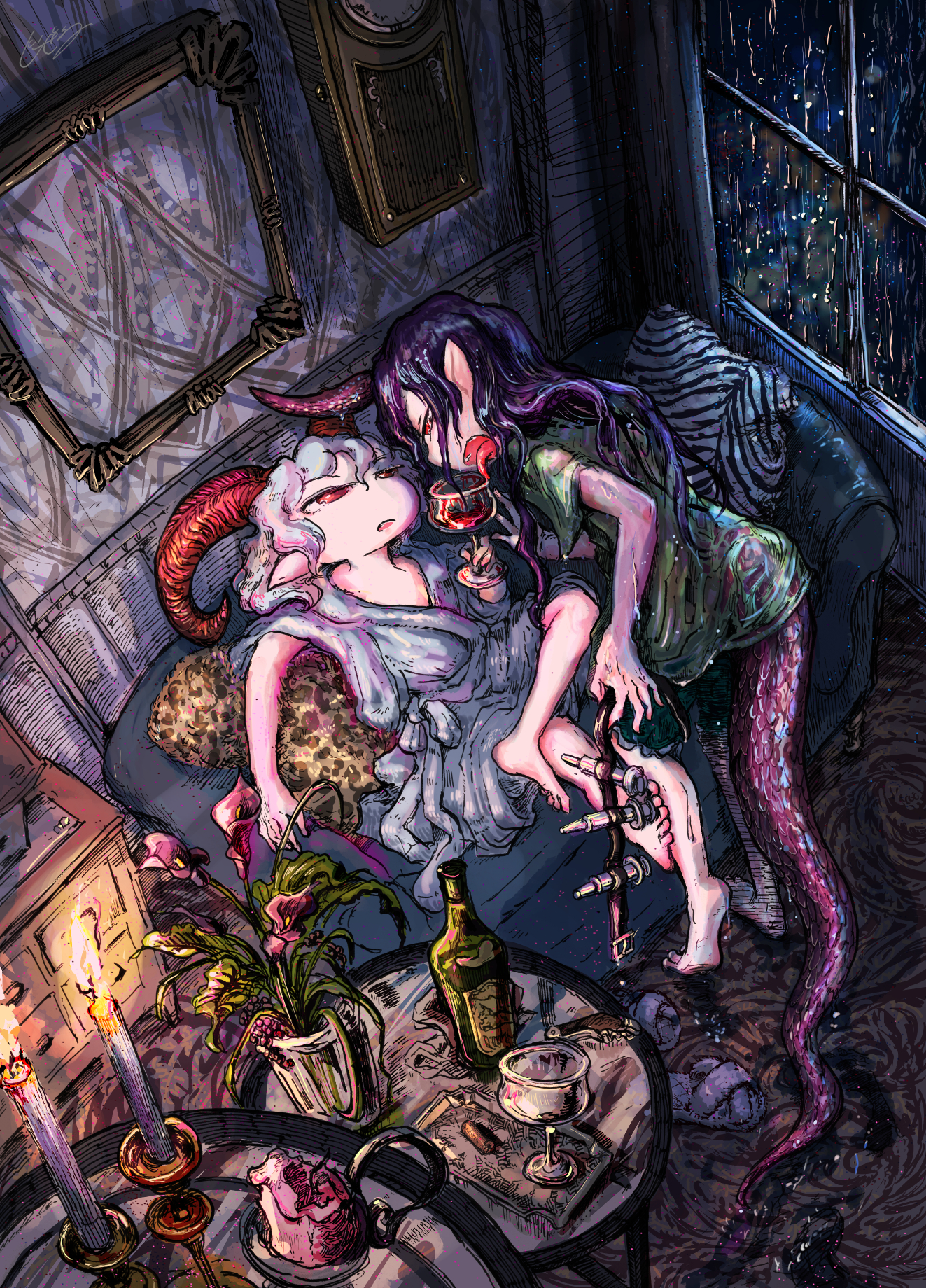 jizeru (giselebon), tenkajin chiyari, toutetsu yuuma, touhou, unfinished dream of all living ghost, highres, alcohol, barefoot, bed, blush, bottle, breasts, clock, clothes writing, cup, cupping glass, dress, drinking glass, drunk, green shirt, green shorts, holding, holding cup, horns, jewelry, long hair, multiple girls, on bed, open mouth, pillow, pointy ears, purple hair, purple horns, red eyes, red wine, shirt, short sleeves, shorts, single horn, tail, teeth, wine, wine bottle, wine glass