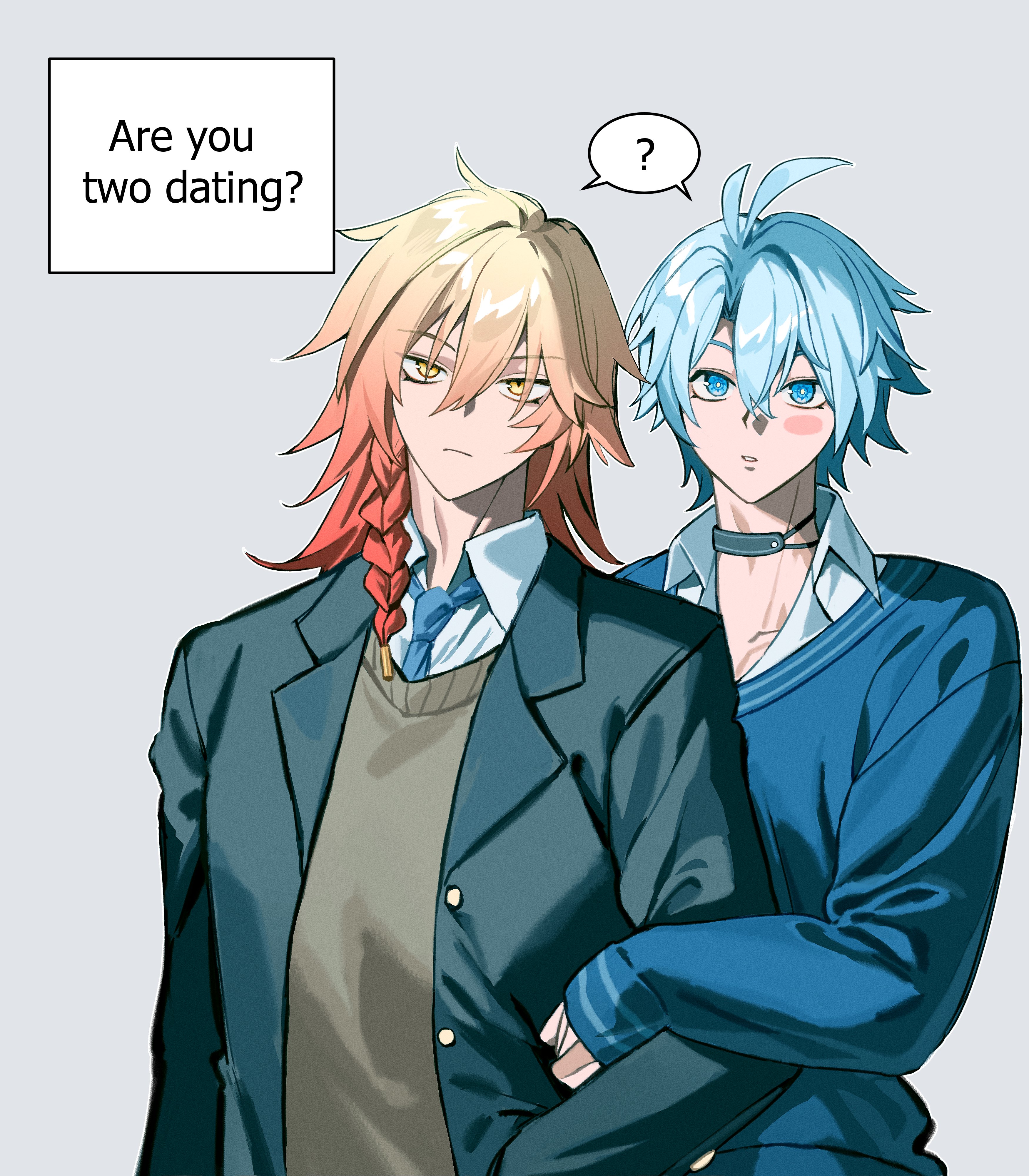 mydei (honkai: star rail), phainon (honkai: star rail), honkai: star rail, honkai (series), absurdres, commentary, english commentary, highres, 2boys, ?, antenna hair, black jacket, blazer, blonde hair, blue eyes, braid, collared shirt, gradient hair, grey background, grey vest, iqjwyns1616, jacket, male focus, medium hair, multicolored hair, multiple boys, open clothes, open jacket, parted bangs, red hair, school uniform, shirt, short hair, side braid, simple background, spoken question mark, vest, white hair, white shirt, yaoi, yellow eyes
