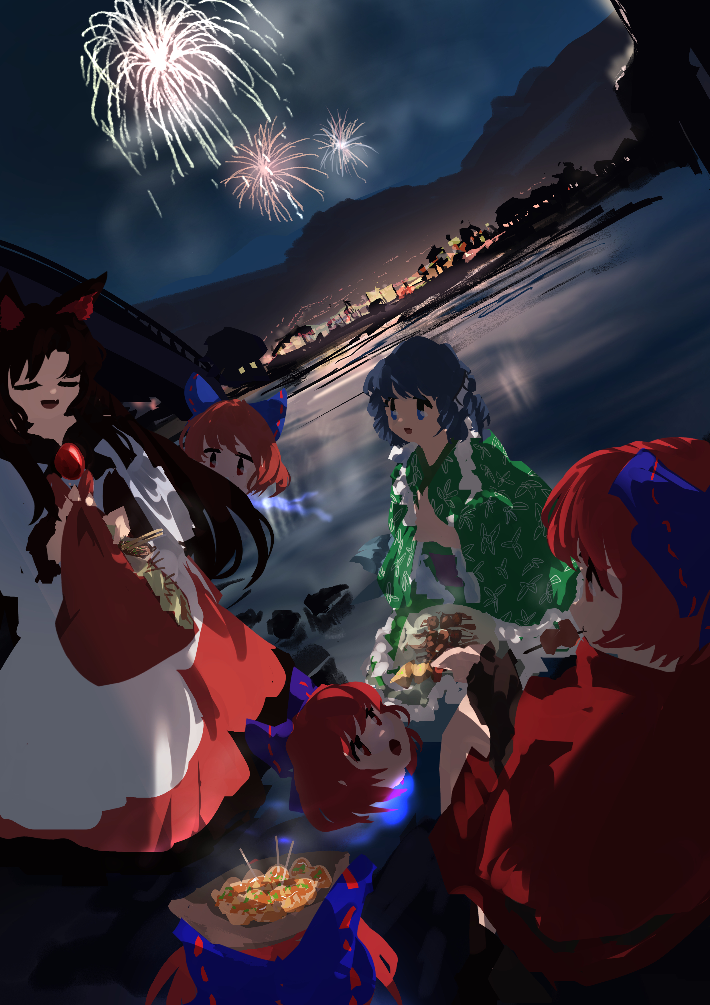 ushitsuchi, imaizumi kagerou, sekibanki, wakasagihime, touhou, absurdres, commentary request, highres, 3girls, aerial fireworks, animal ears, blue bow, bow, bridge, brooch, brown hair, cloak, disembodied head, dress, drill hair, drill sidelocks, eating, feeding, fins, fireworks, floating head, food, grass root youkai network, green kimono, hair bow, head fins, holding, holding skewer, japanese clothes, jewelry, kimono, lake, long hair, long sleeves, mermaid, monster girl, multiple girls, night, night sky, obi, open mouth, outdoors, red cloak, red eyes, red hair, ribbon-trimmed bow, ribbon trim, sash, sidelocks, skewer, sky, summer festival, takoyaki, water, white dress, wide sleeves, wolf ears, wolf girl