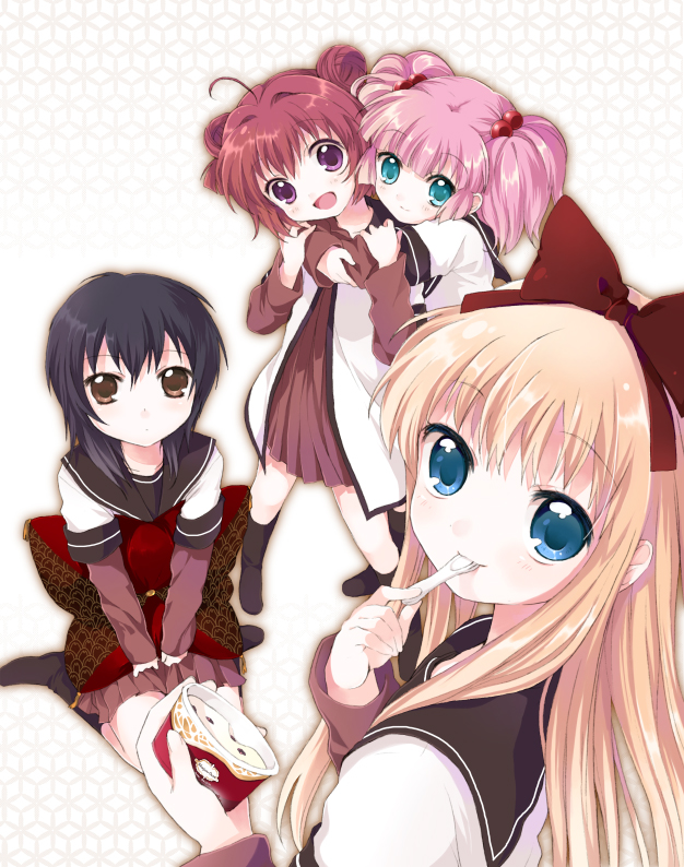 namori, akaza akari, funami yui, toshinou kyouko, yoshikawa chinatsu, yuruyuri, 4girls, aqua eyes, blue eyes, double bun, eating, female focus, food, hug, hug from behind, hugging object, ice cream, layered sleeves, long sleeves, looking back, multiple girls, nanamori school uniform, open mouth, pillow, pillow hug, pink hair, purple eyes, school uniform, serafuku, short over long sleeves, short sleeves, sitting, staring, twintails, v arms, wariza