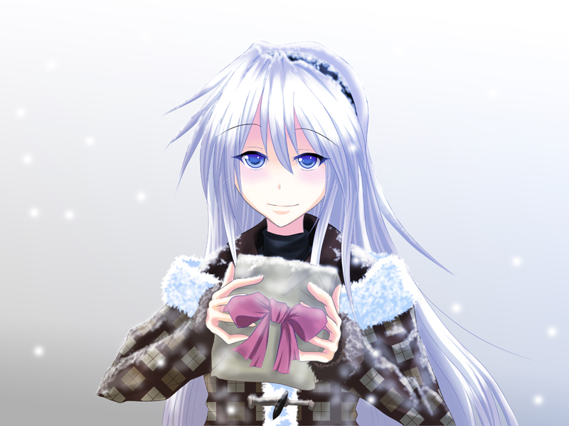 bloody moon, sakagami tomoyo, clannad, silver hair, bad id, bad pixiv id, 00s, 1girl, blue eyes, coat, female focus, gift, hairband, holding, holding gift, long hair, snow, solo