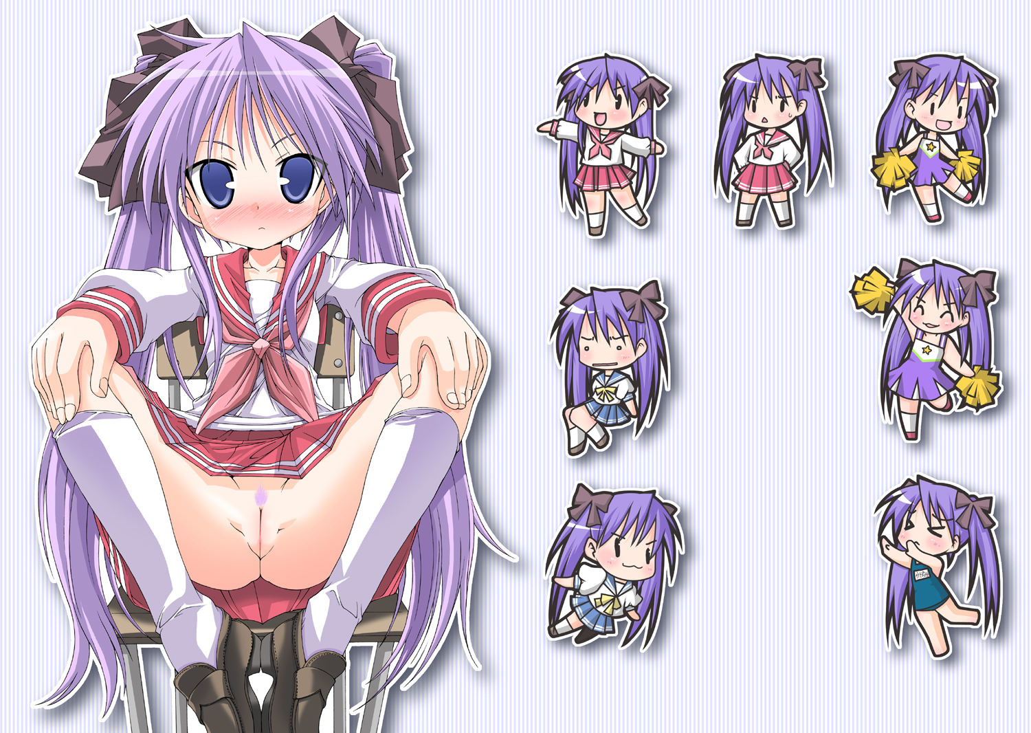 mima chi, hiiragi kagami, lucky star, 00s, 1girl, blue eyes, blush, cheerleader, chibi, female focus, female pubic hair, long hair, looking at viewer, no panties, one-piece swimsuit, pubic hair, purple hair, pussy, ribbon, school swimsuit, school uniform, serafuku, socks, solo, spread legs, swimsuit, twintails, uncensored