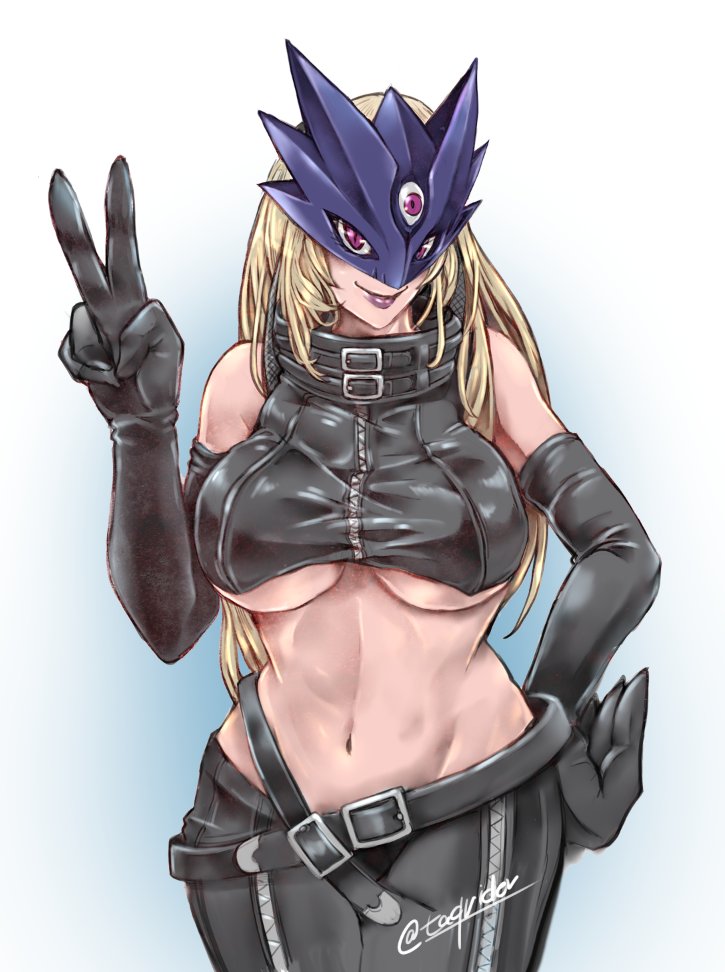 taqrider, beelstarmon, digimon, highres, 1girl, bare shoulders, belt, black gloves, black mask, blonde hair, breasts, coat, digimon (creature), eye mask, gloves, hand on own hip, large breasts, lipstick, long hair, makeup, mask, navel, simple background, smile, solo, third eye, underboob, v, vest, wide hips