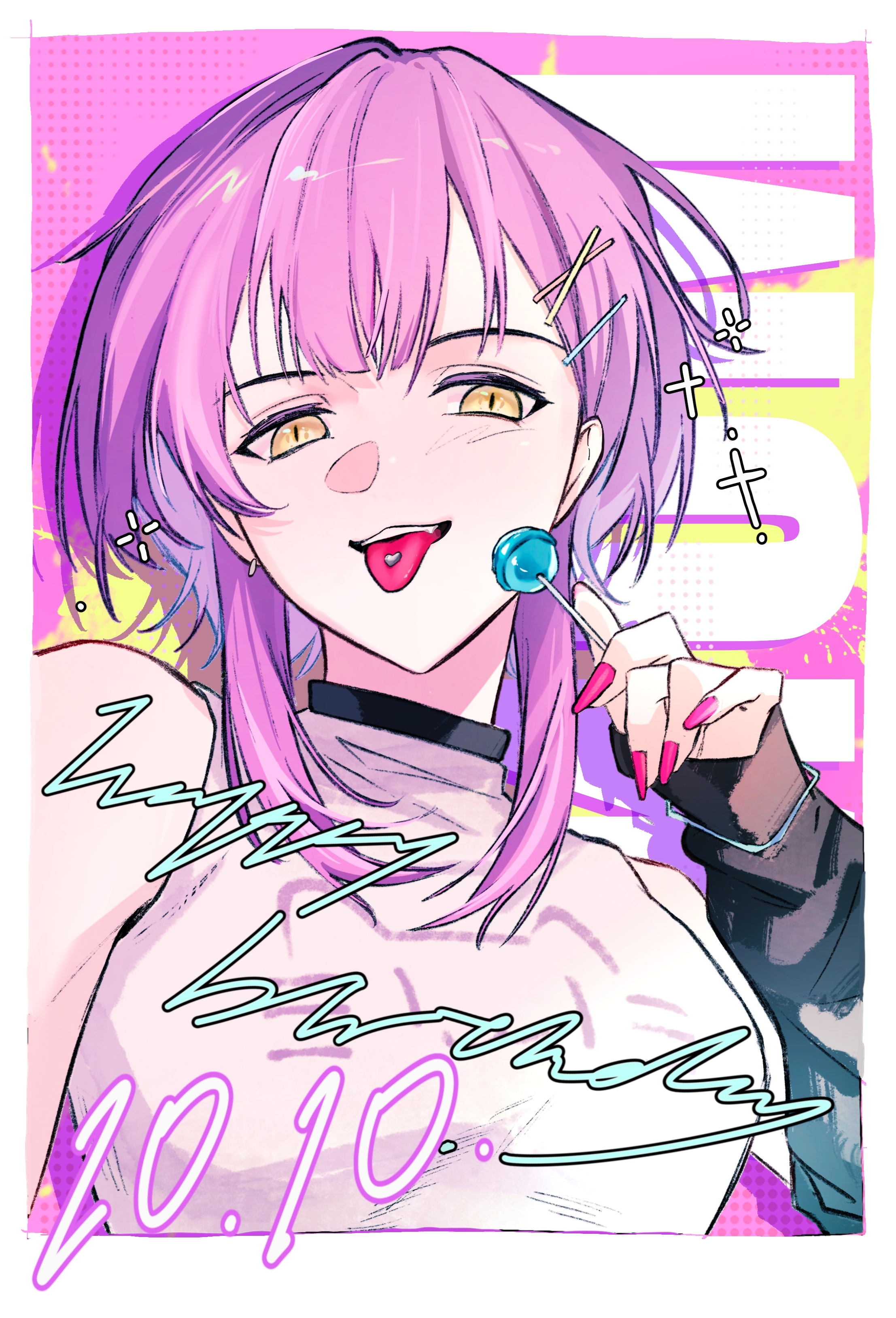 hero45439083942, bang dream!, bang dream! it's mygo!!!!!, original, absurdres, chinese commentary, commentary request, highres, 1girl, breasts, earrings, hair ornament, hairclip, happy birthday, jewelry, looking at viewer, medium breasts, medium hair, nail polish, pink nails, purple hair, shirt, sleeveless, sleeveless shirt, solo, tongue, tongue out, upper body, wakaba muna, white shirt, yellow eyes
