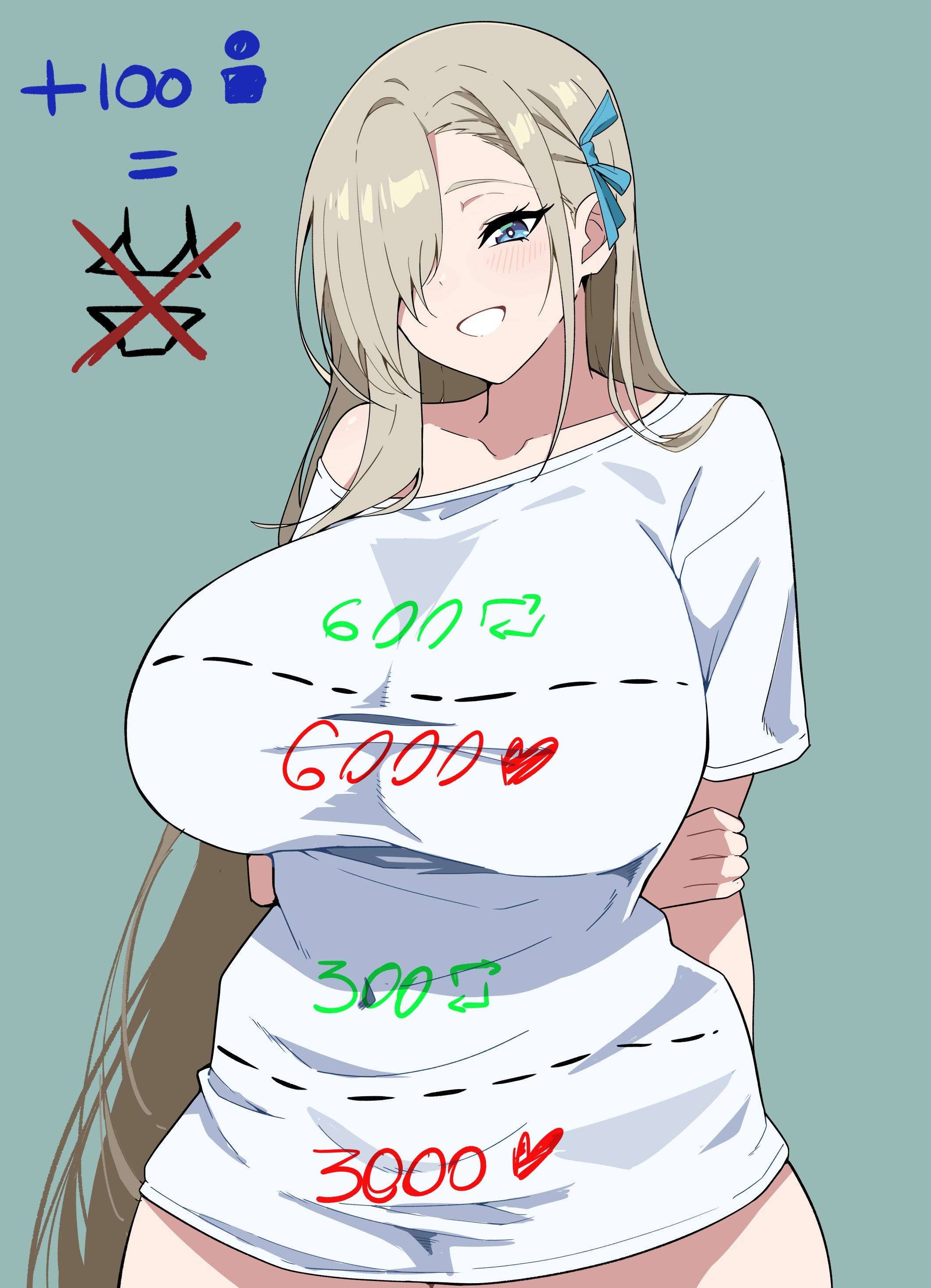kuraido (kuraid draw), asuna (blue archive), blue archive, absurdres, highres, 1girl, arms behind back, blonde hair, blue eyes, breasts, collarbone, grin, hair over one eye, hair ribbon, holding own wrist, large breasts, long hair, multiple drawing challenge, ribbon, shirt, shirt cut meme, smile, solo, thighs, very long hair, white shirt