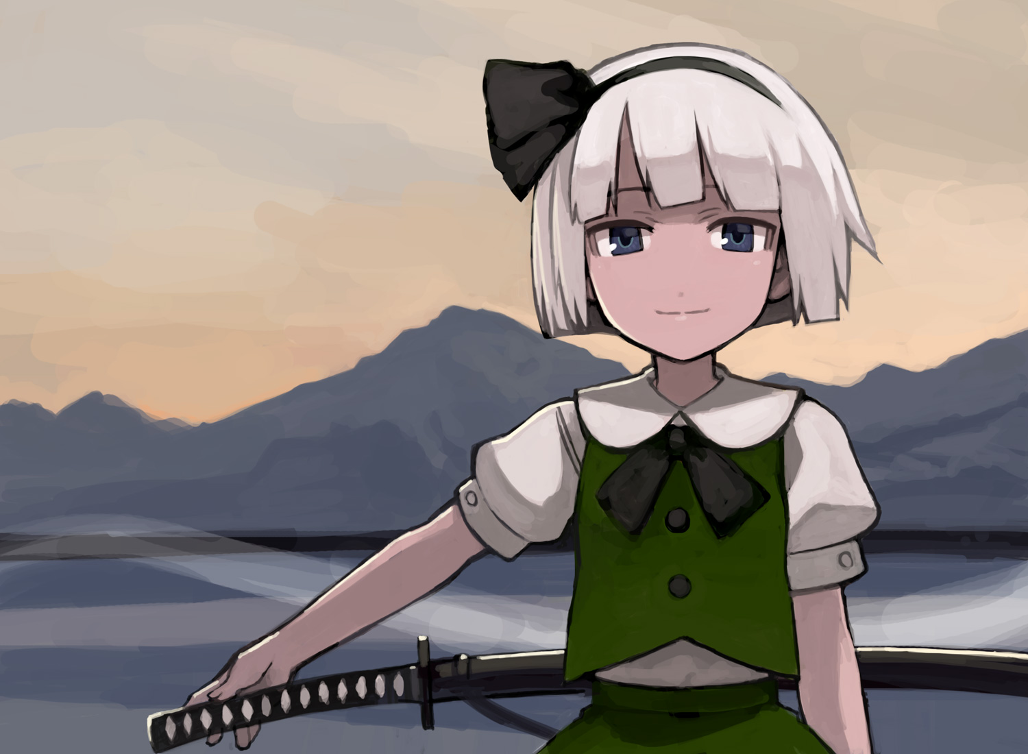 yu 65026, konpaku youmu, touhou, 1girl, blunt bangs, bob cut, female focus, hairband, katana, landscape, outdoors, ribbon, sheath, sheathed, short hair, skirt, sky, smile, solo, sword, weapon, white hair
