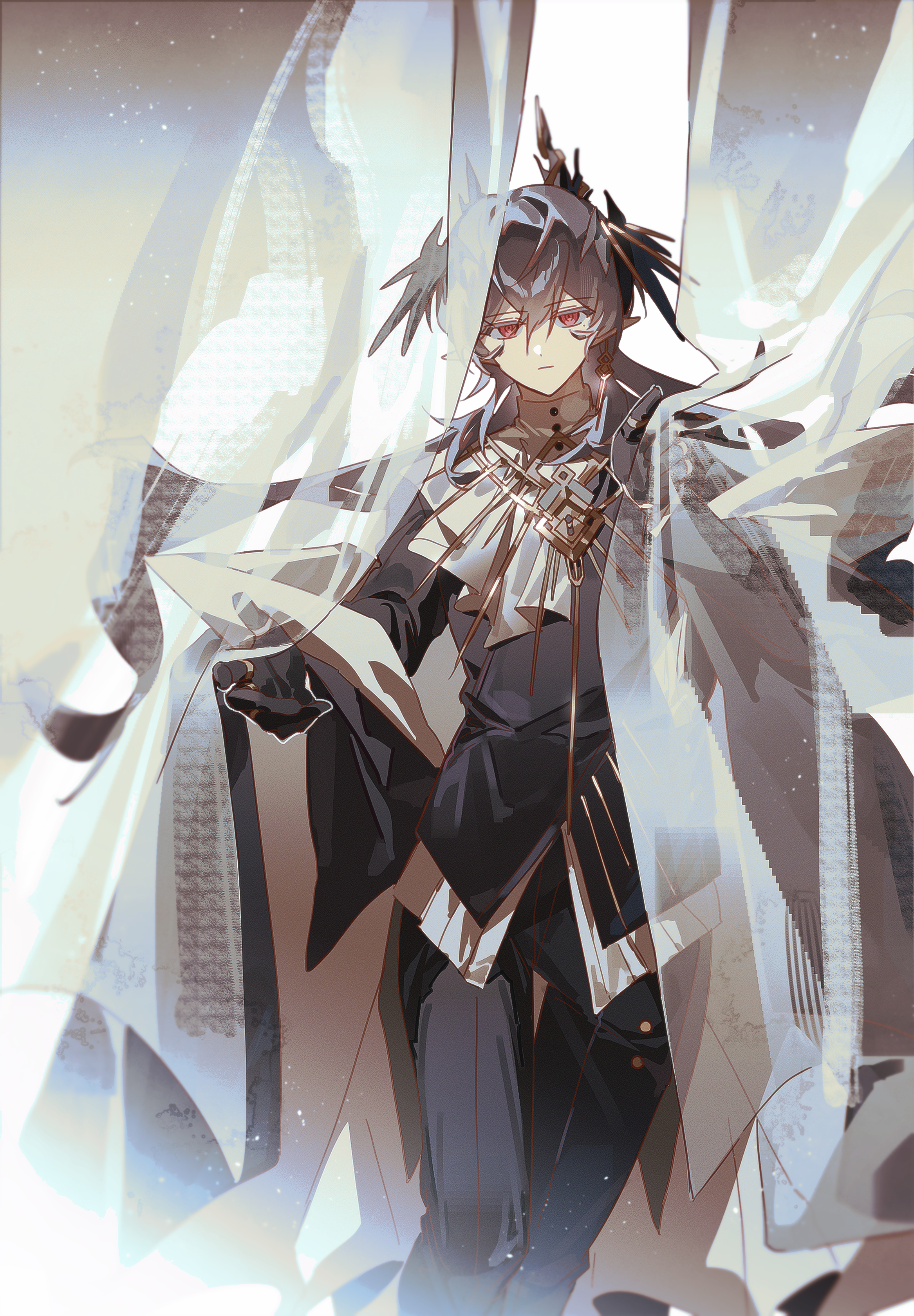 logos (arknights), logos (radiant serenity) (arknights), arknights, absurdres, commentary, highres, symbol-only commentary, 1boy, black gloves, black jacket, black pantyhose, black wings, chok (chskchrd7), curtains, feet out of frame, frown, gloves, grey hair, head wings, horns, jacket, male focus, official alternate costume, pantyhose, pointy ears, red eyes, simple background, solo, white background, wings