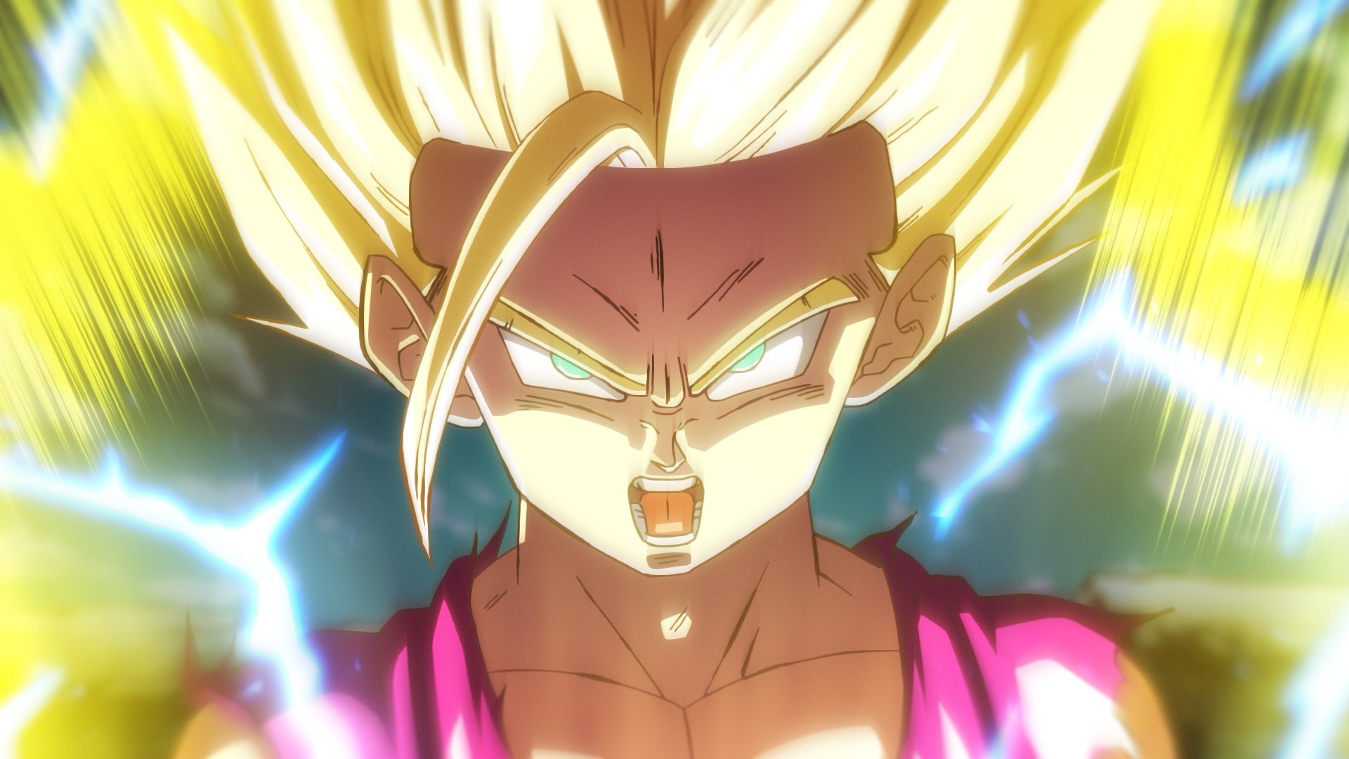 antonio malara, son gohan, dragon ball, dragonball z, artist collaboration, commentary, english commentary, highres, 1boy, aura, blonde hair, electricity, furrowed brow, green eyes, male focus, open mouth, pectorals, portrait, serious, solo, super saiyan, super saiyan 2, the blue element