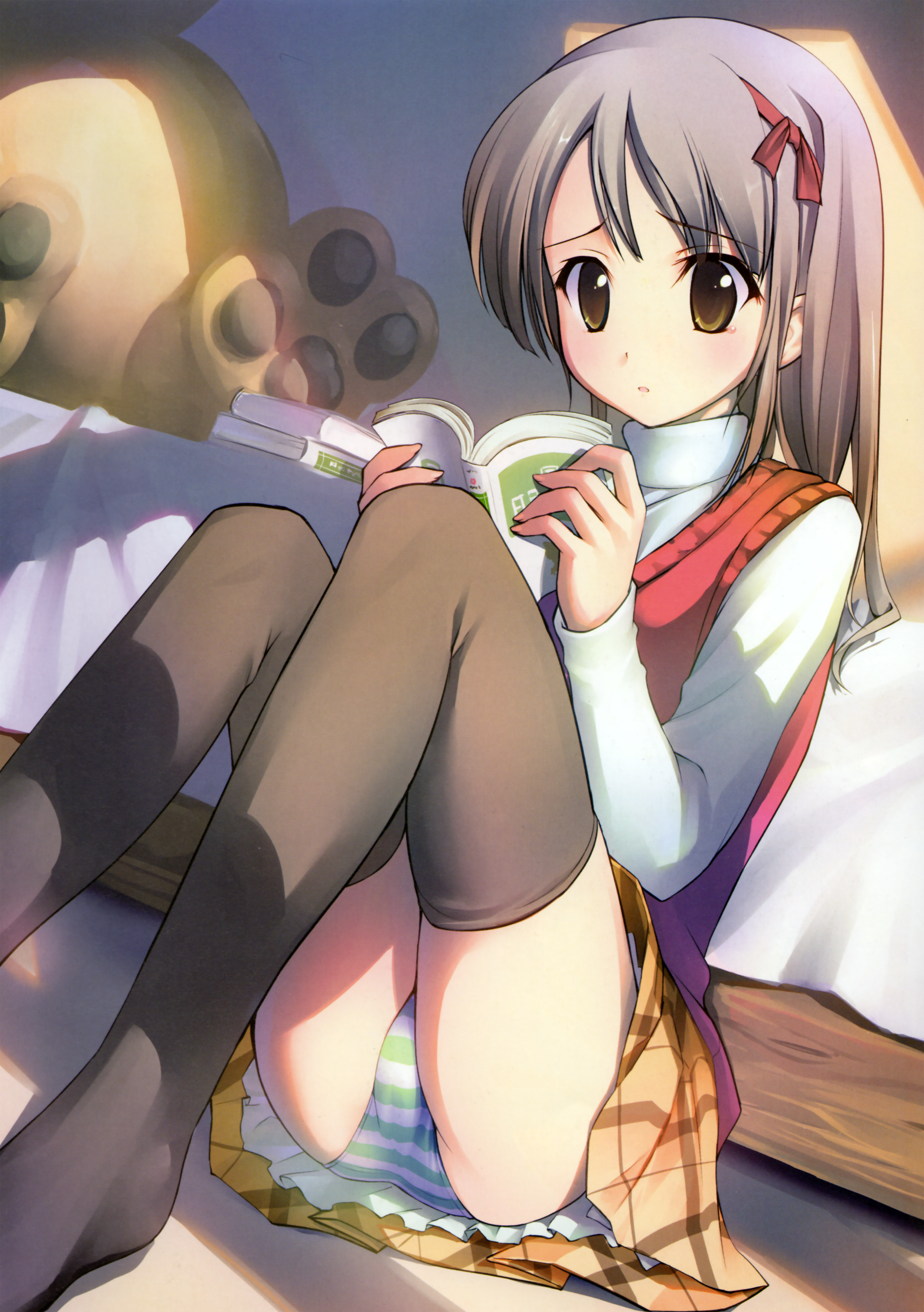 takoyaki (roast), megami magazine, megami magazine deluxe, absurdres, highres, huge filesize, scan, 1girl, black thighhighs, book, brown eyes, brown hair, feet, female focus, hair ribbon, long hair, long legs, open book, panties, pantyshot, reading, ribbon, sitting, skirt, solo, striped clothes, striped panties, sweater vest, thighhighs, underwear, upskirt, zettai ryouiki