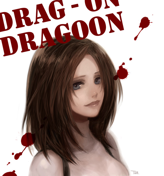 tea (retroz), furiae, drag-on dragoon, drag-on dragoon 1, bad id, bad pixiv id, 1girl, blood, blood splatter, brown hair, copyright name, female focus, grey eyes, lips, long hair, smile, solo