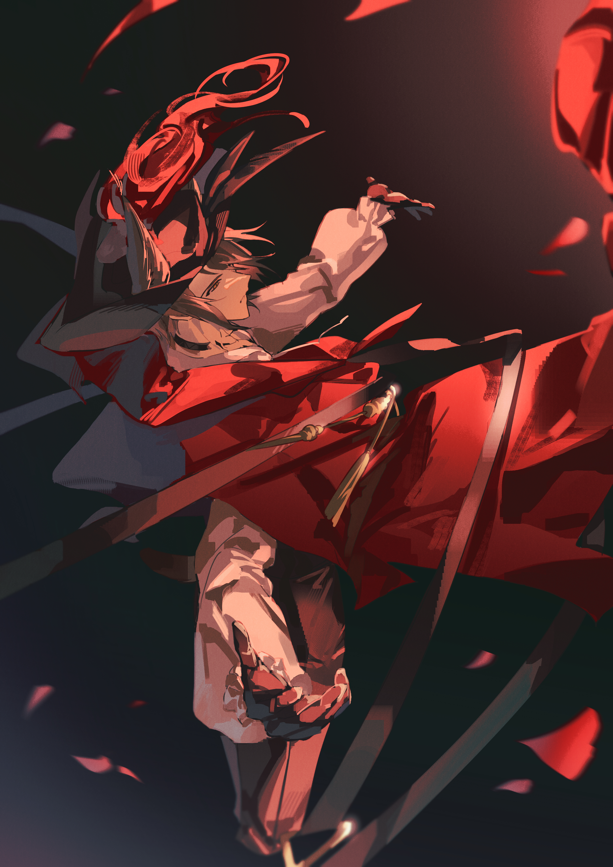 phantom (arknights), phantom (focus) (arknights), arknights, absurdres, commentary, highres, symbol-only commentary, 1boy, animal ears, black background, black gloves, black hat, black pants, brown hair, cape, cat ears, chok (chskchrd7), ears through headwear, frown, full body, gloves, half-closed eyes, hat, male focus, material growth, oripathy lesion (arknights), outstretched arms, pants, red cape, red eyes, red petals, shirt, short hair, solo, spread arms, white shirt
