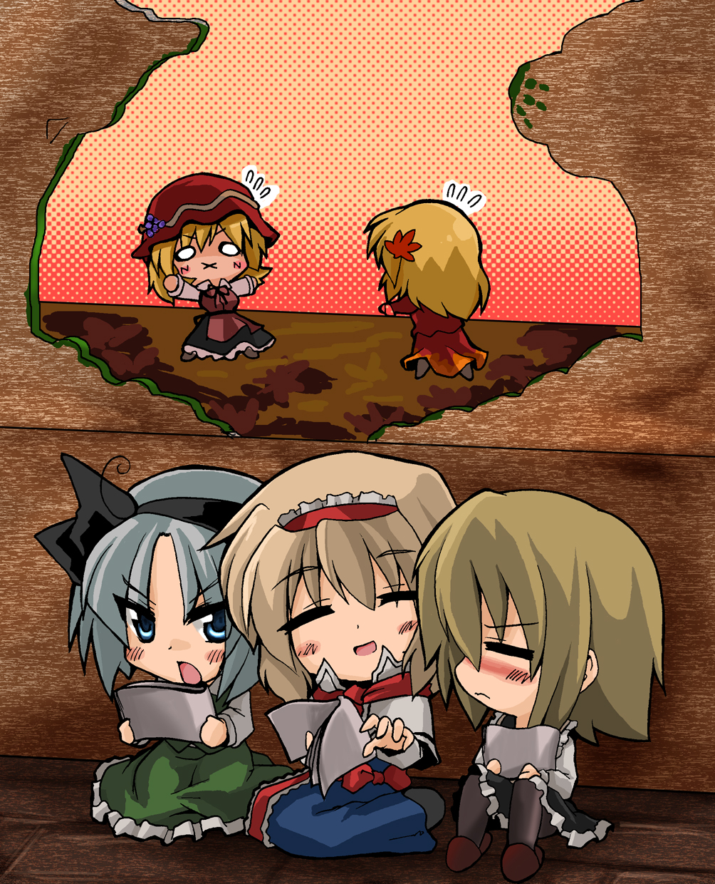 kotojima motoki, kotoshima, aki minoriko, aki shizuha, alice margatroid, konpaku youmu, lunasa prismriver, touhou, bad id, bad pixiv id, highres, 5girls, blonde hair, blue eyes, blush, brown hair, chibi, female focus, hair ornament, hair ribbon, hairband, hat, headband, leaf hair ornament, multiple girls, o o, puppet, ribbon, slippers, x mouth