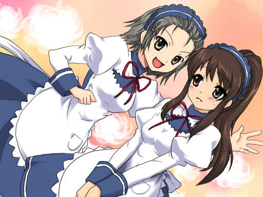 kyonko, taniguchi (suzumiya haruhi), suzumiya haruhi no yuuutsu, gender request, 00s, 2girls, genderswap, multiple girls, waitress