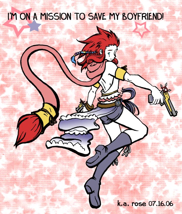 k.a. rose, axel, yuna, final fantasy, final fantasy x, final fantasy x-2, kingdom hearts, english, crossdressing, green eyes, gun, long hair, red hair, trap, very long hair, weapon, yuna (cosplay)