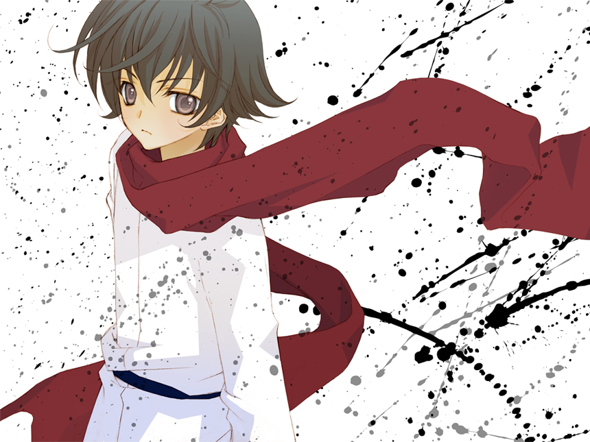 bernard sho, setsuna f. seiei, gundam, gundam 00, bad id, bad pixiv id, 00s, 1boy, 1girl, black hair, female focus, male focus, paint splatter, purple eyes, scarf, short hair, solo