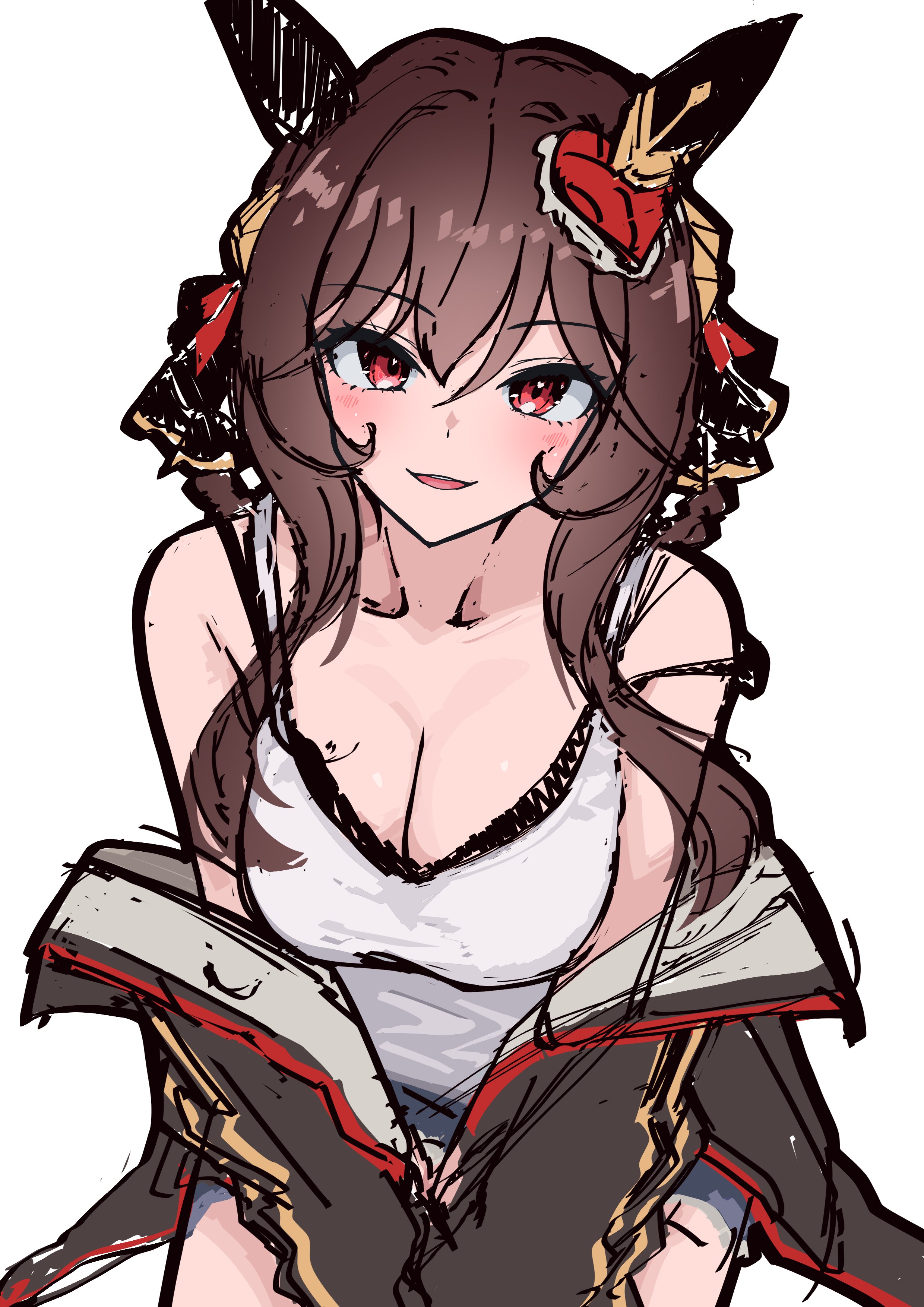 moyashi toufu, gentildonna (umamusume), umamusume, absurdres, highres, 1girl, animal ears, blush, braid, braided hair rings, breasts, brown hair, ear covers, ear ornament, hair between eyes, hair ornament, hair rings, heart-shaped ornament, heart ear ornament, horse ears, horse girl, horse tail, large breasts, looking at viewer, red eyes, see-through cleavage, see-through clothes, simple background, single ear cover, solo, tail, white background