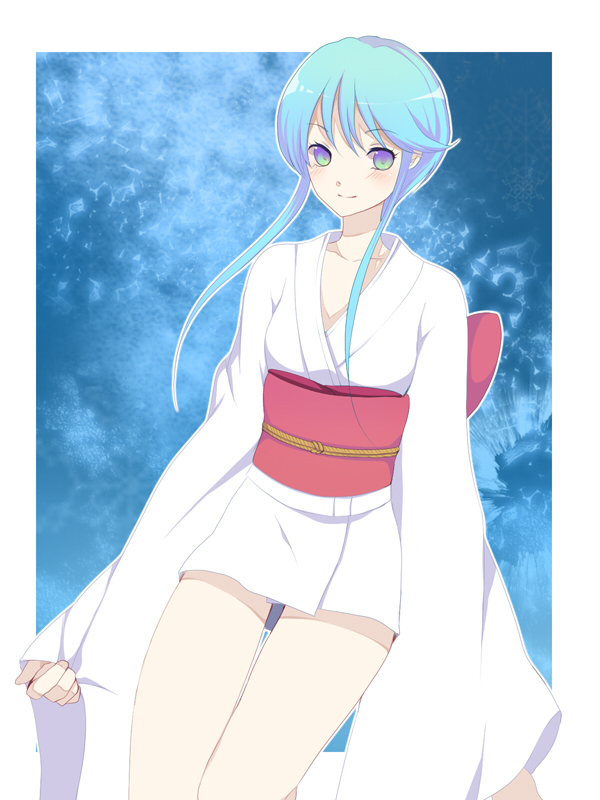 harano, yukime (jigoku sensei nube), jigoku sensei nube, 1990s (style), 1girl, blue hair, female focus, japanese clothes, kimono, retro artstyle, short kimono, solo, white kimono, yuki onna