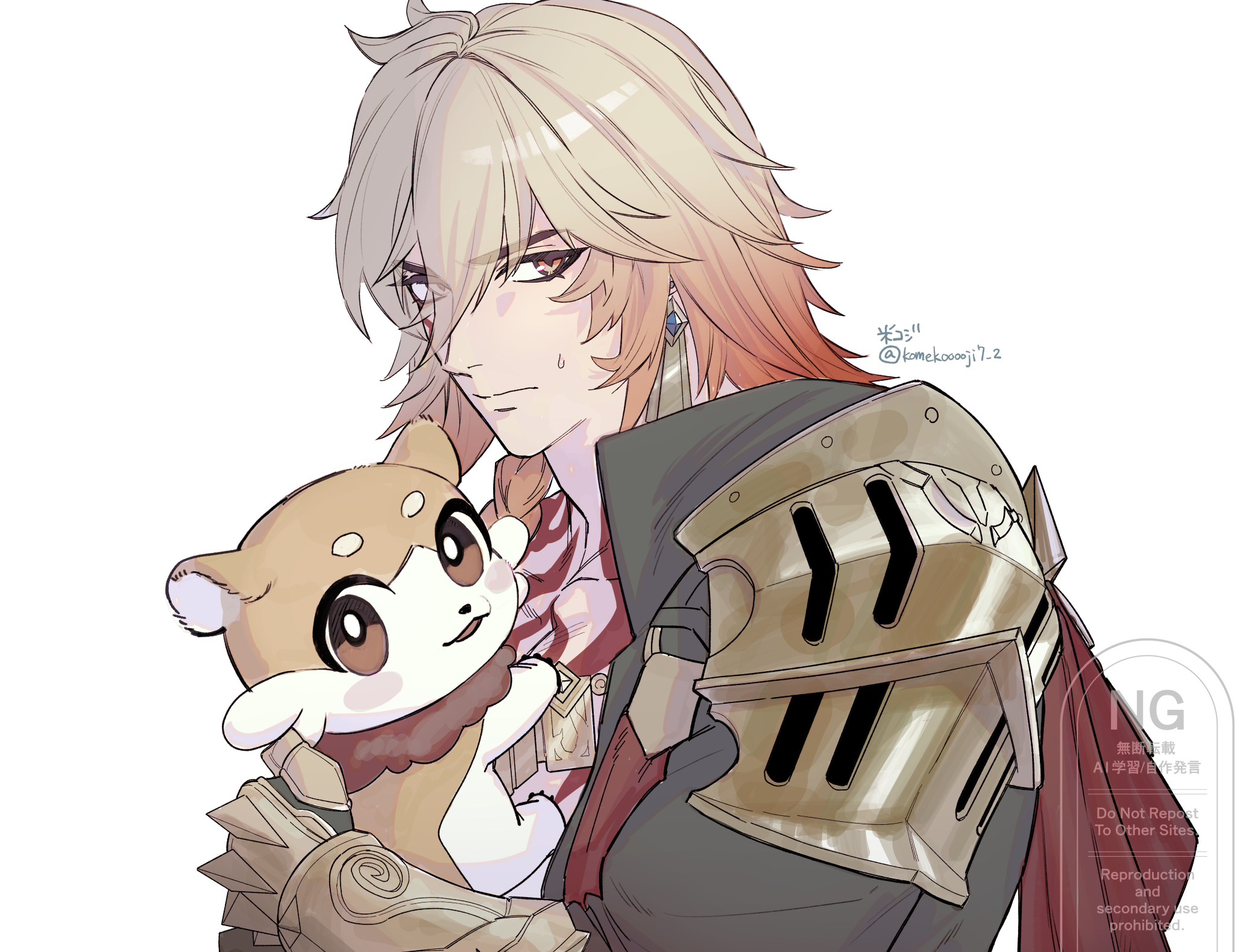 mydei (fig stew) (honkai: star rail), mydei (honkai: star rail), honkai: star rail, honkai (series), commentary request, highres, 1boy, arm tattoo, black coat, blonde hair, braid, chest tattoo, chimera (honkai: star rail), clawed gauntlets, coat, earrings, facial tattoo, gold earrings, gold necklace, gradient hair, jewelry, komekooooji7 2, male focus, medium hair, multicolored hair, necklace, red hair, red tattoo, side braid, simple background, solo, tattoo, watermark, white background, yellow eyes