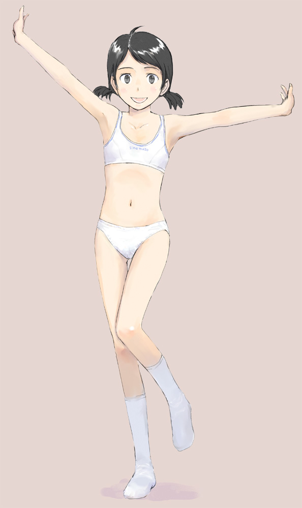 imo cyber, imo nakaba, original, 1girl, armpits, bikini, black hair, female focus, flat chest, navel, outstretched arms, panties, short hair, short twintails, smile, socks, solo, sports bikini, sports bra, spread arms, swimsuit, twintails, underwear, underwear only