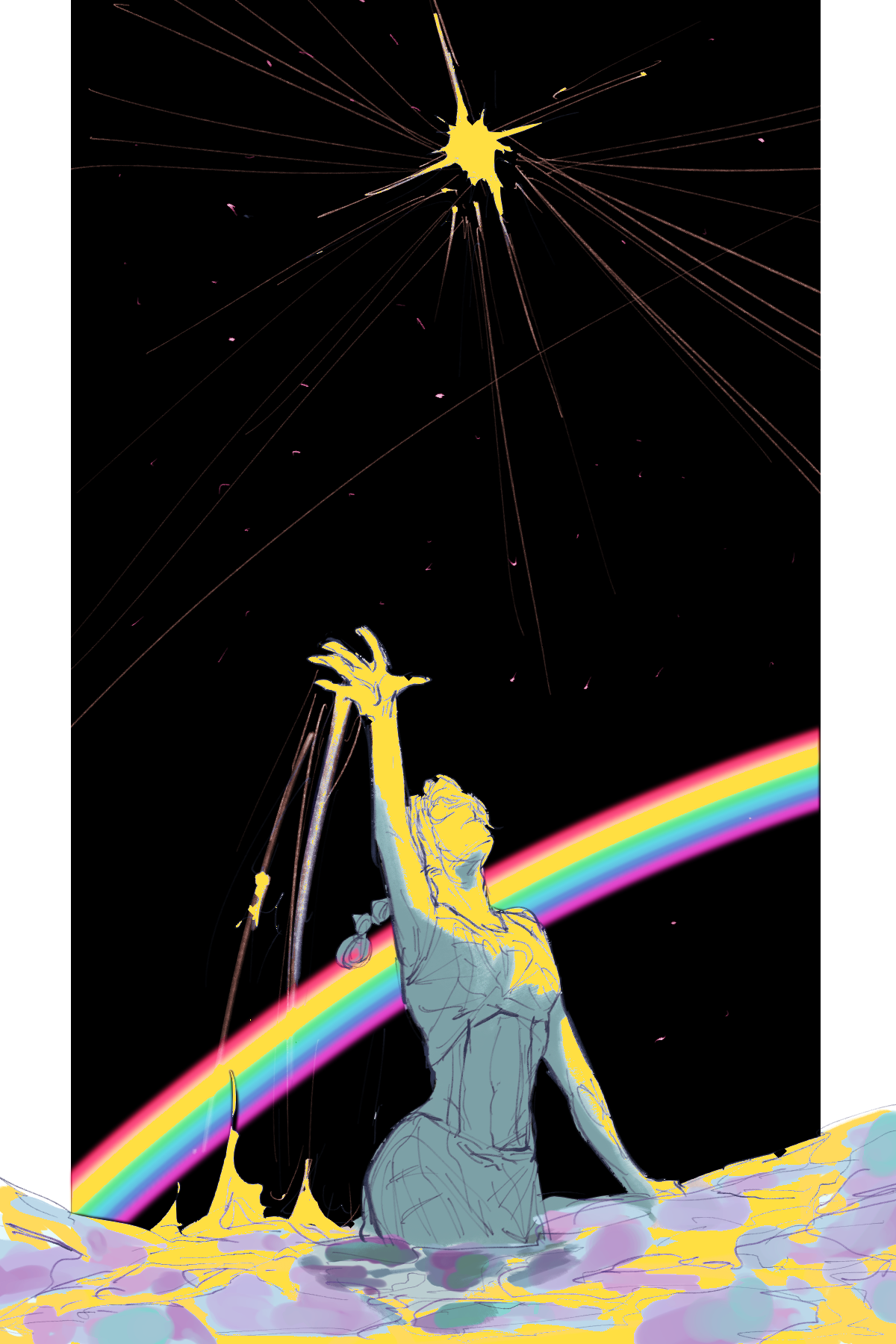 retortbox, kuujou jolyne, jojo no kimyou na bouken, stone ocean, commentary request, highres, 1girl, arm up, braid, long hair, midriff, ocean, pillarboxed, rainbow, reaching, shirt, solo, standing, star (sky), suspenders, wading